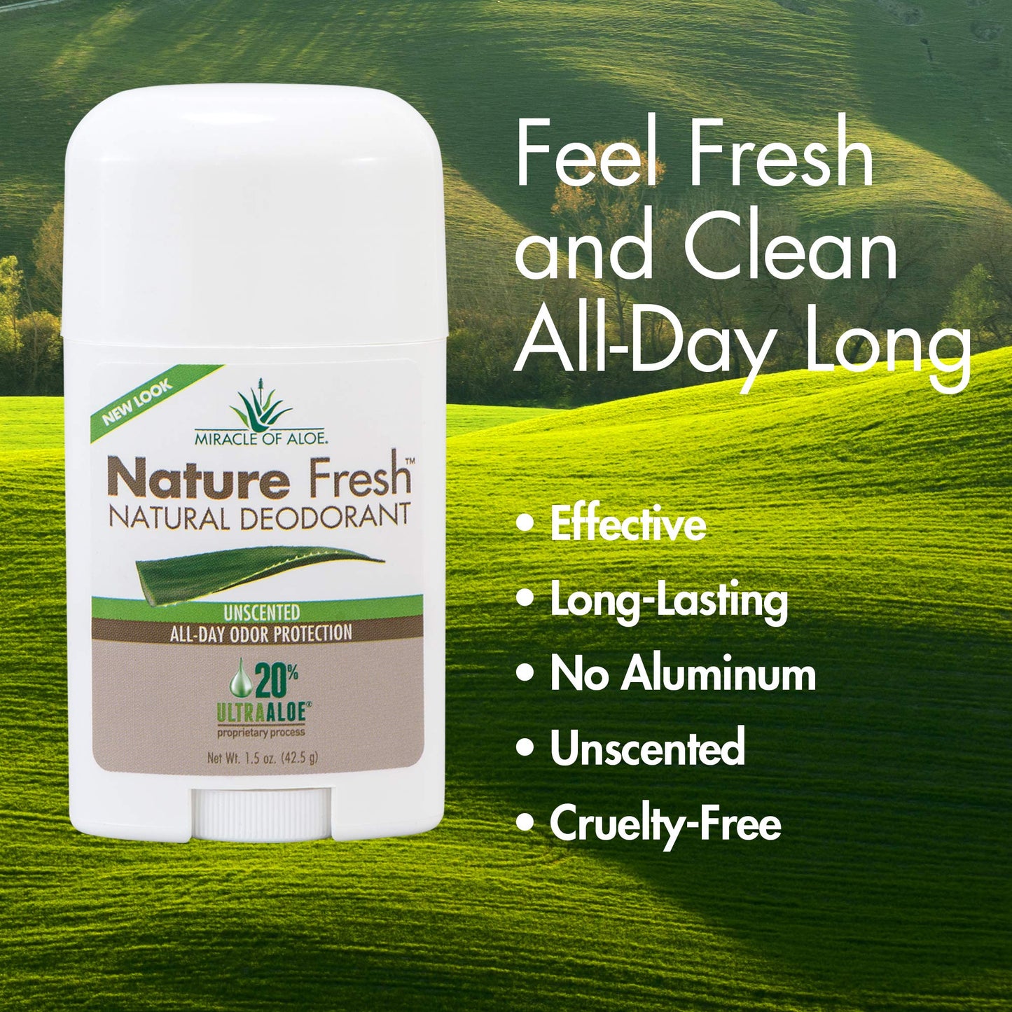 Miracle of Aloe's Nature Fresh Deodorant for Women or Men- Natural Formula W/No Aluminum or Harsh Chemicals- Long-Lasting Odor Control, Unscented 20% Pure UltraAloe Aloe Vera Gel, Cruelty-Free (1.5oz)