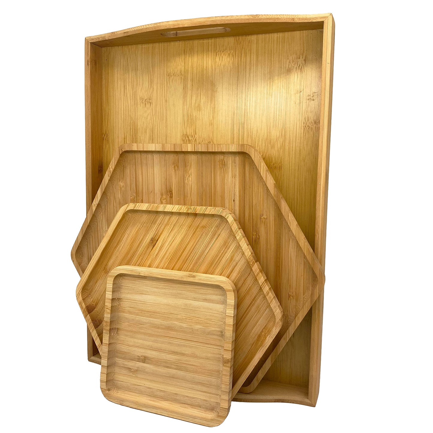 Bamboo Serving Trays Charcuterie Platter 16.5"x11.8"(42x30cm with Handle, Set Includes 1xHexagon 12.5"(32cm)+1xSquare 7.8"(20cm)+1xSquare 5.9"(15cm) Small Plates for Family Dinner