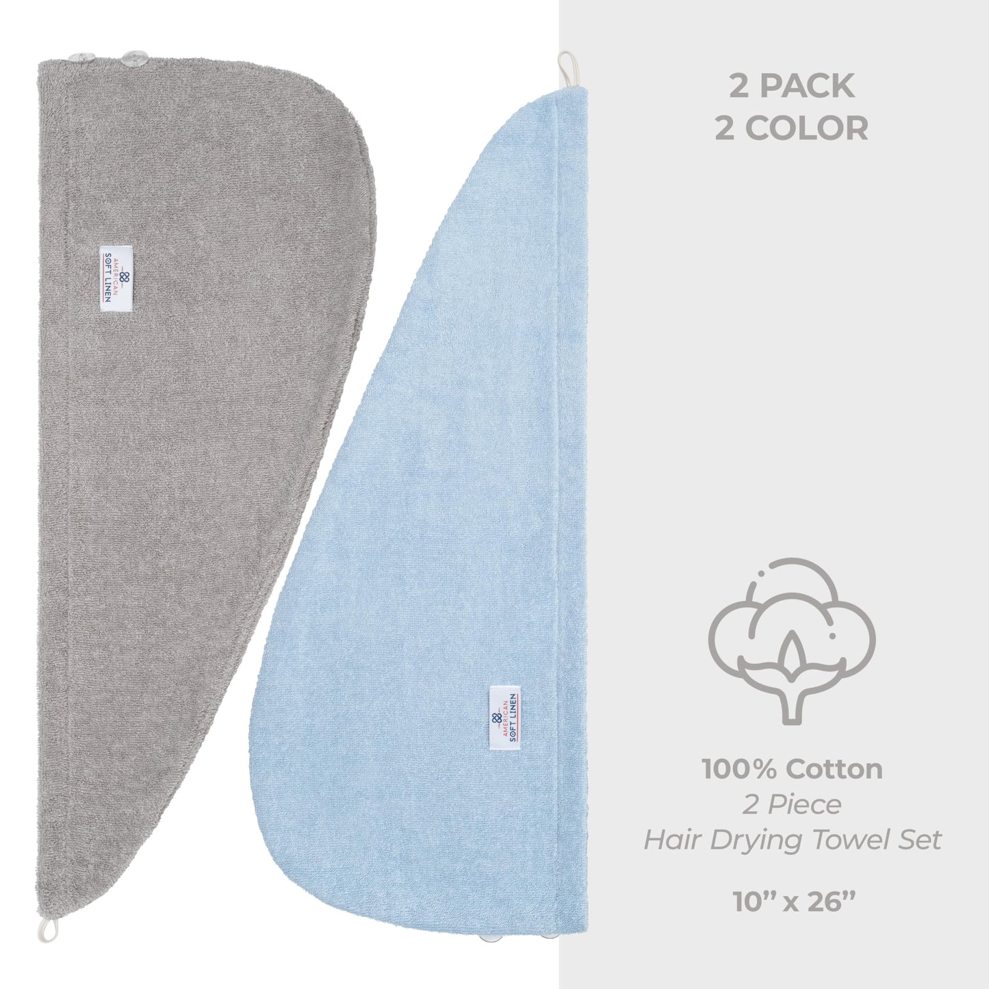 American Soft Linen 100% Cotton Hair Towels for Women, Head Towel Cap, Cotton Hair Turban Towel Wrap, Soft and Absorbent 2 Pack, Light Gray-Sky Blue