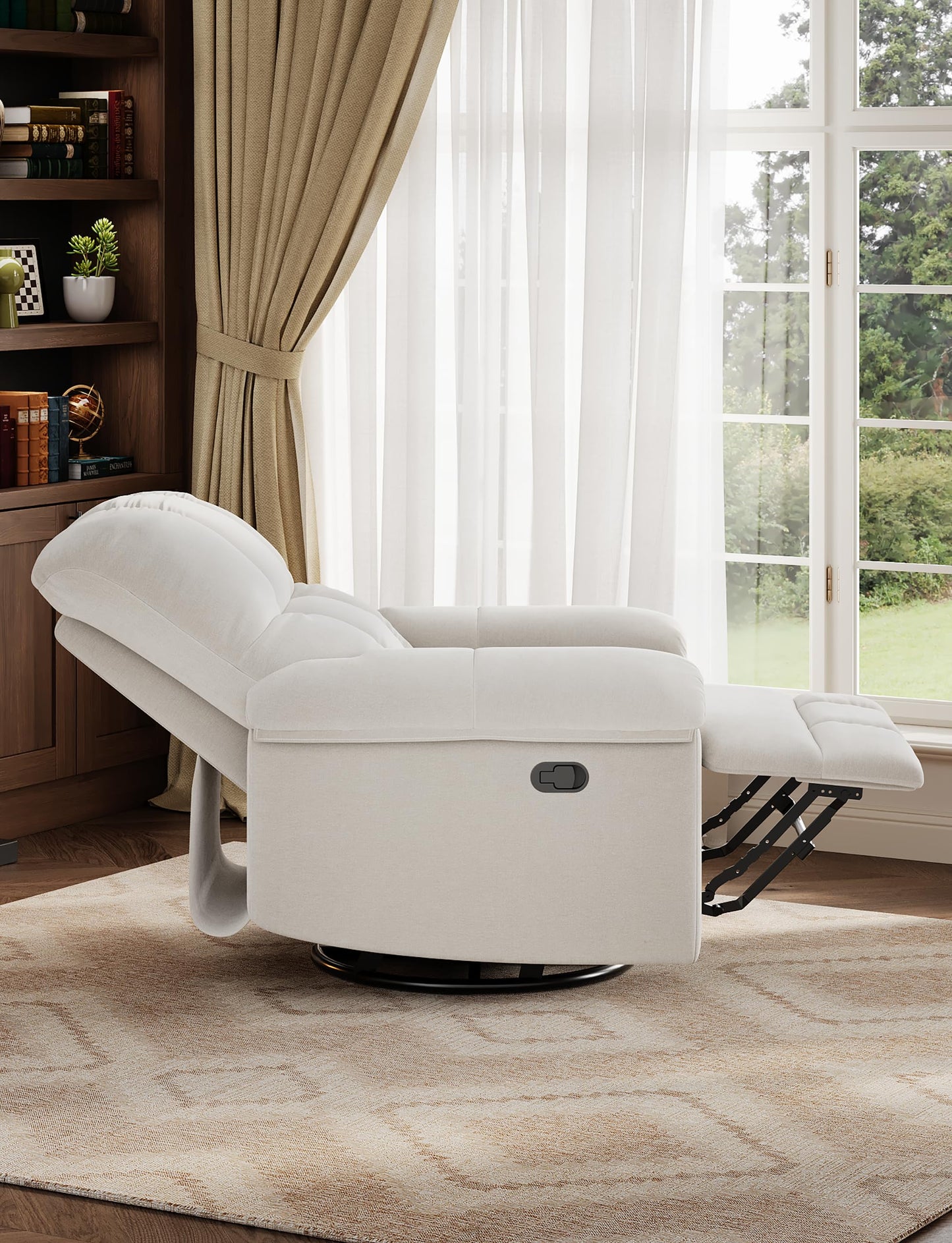 GarveeHome Manual Recliner Chair, Comfy Swivel Rocker Chair for Adults, Ergonomic High Back Silent Nursery Glider, Upholstered Fabric Reclining Sofa Chair for Living Room (Beige)