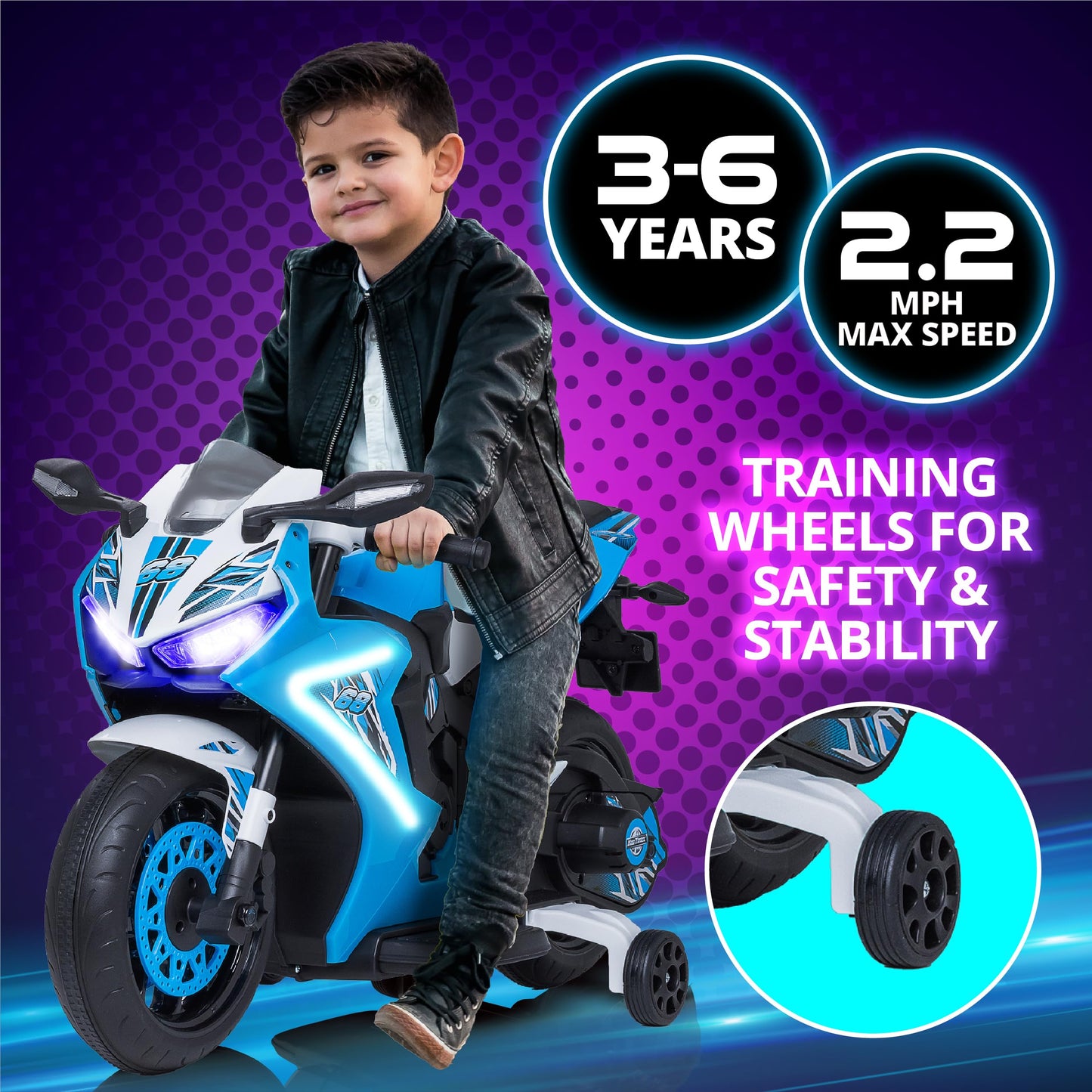 Kid Trax 6V Glow Electric Toddler Kids Motorcycle - Toddler Bike, Indoor/Outdoor Toys, Durable, LED Headlights and Body Light, Realistc Sounds, Kids Ride On Toys, Max Weight 65lbs, Ages 3-6, Blue