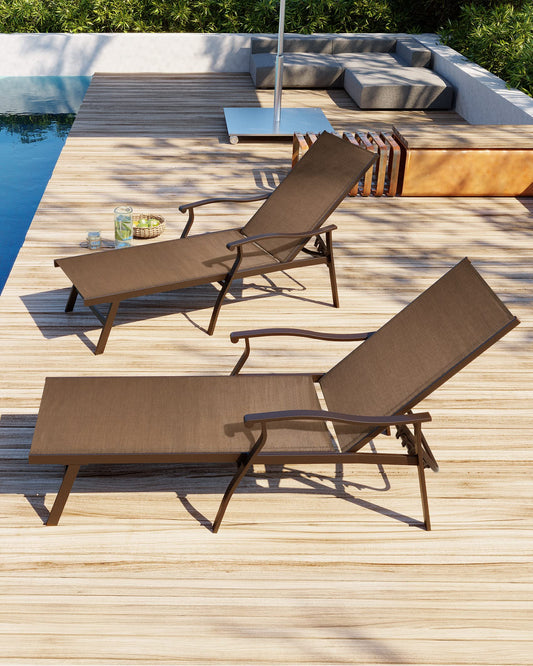 VredHom 2PCS Outdoor Chaise Lounge Chair, Patio Chaise 5 Position Adjustable Backrest Recliner Ergonomic Armrest All Weather Textiline Aluminum Chairs Set of 2 for Patio, Beach, Yard, Pool,Brown