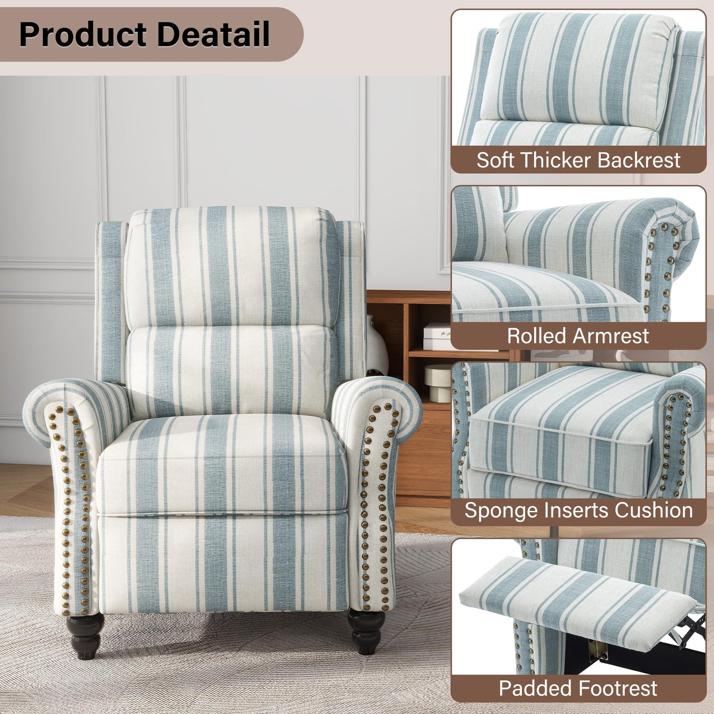 UIXE Pushback Recliner Chairs Set of 2, Fabric Armchair Push Back Accent Chair, Rivet Trim Club Chair Home Theater Overstuffed Single Sofa Reading Seat for Living Room, Stripe Blue