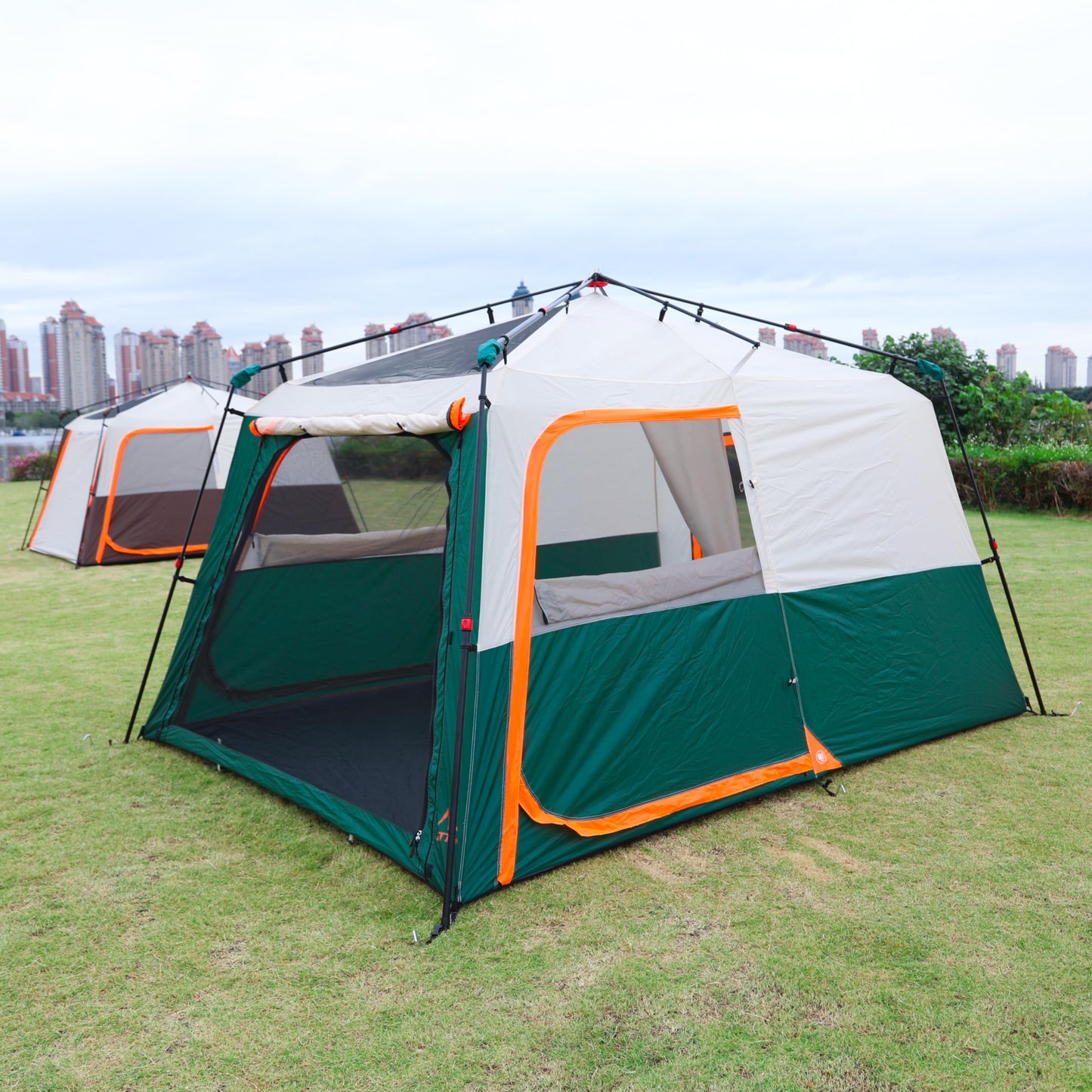 KTT Instant Tent 6-8 Person A,Large Family Cabin Tents,Automatic Tent Build Quickly in 60S,2 Rooms,2 Top Windows,3 Doors and 3 Windows with Mesh,Waterproof,Big Tents for Outdoor,Picnic,Camping(Green)