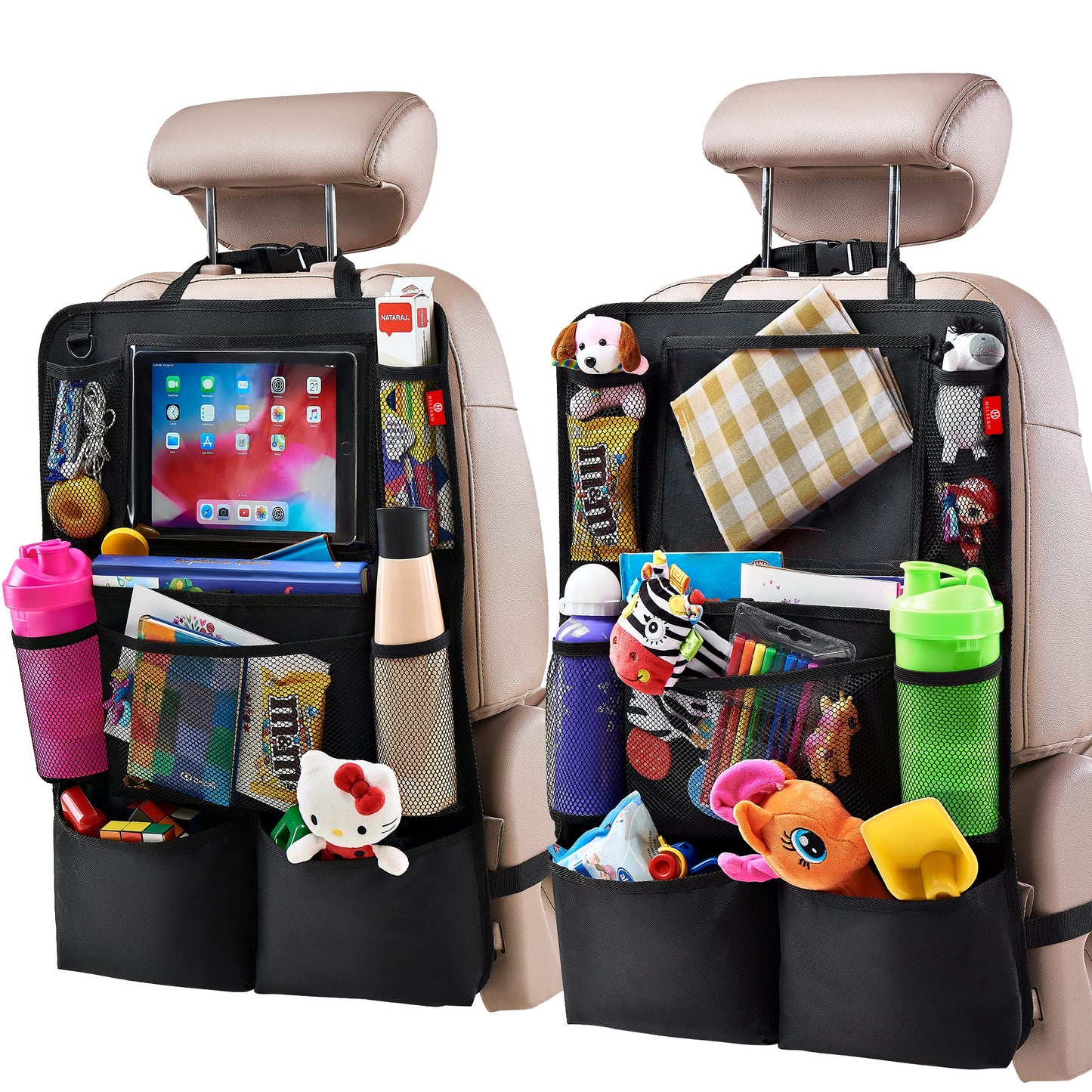 Backseat Car Organizer, Kick Mats Back Seat Protector with Touch Screen Tablet Holder, Back Seat Organizer for Kids, Travel Accessories with 9 Storage Pockets 2 Pack, Black