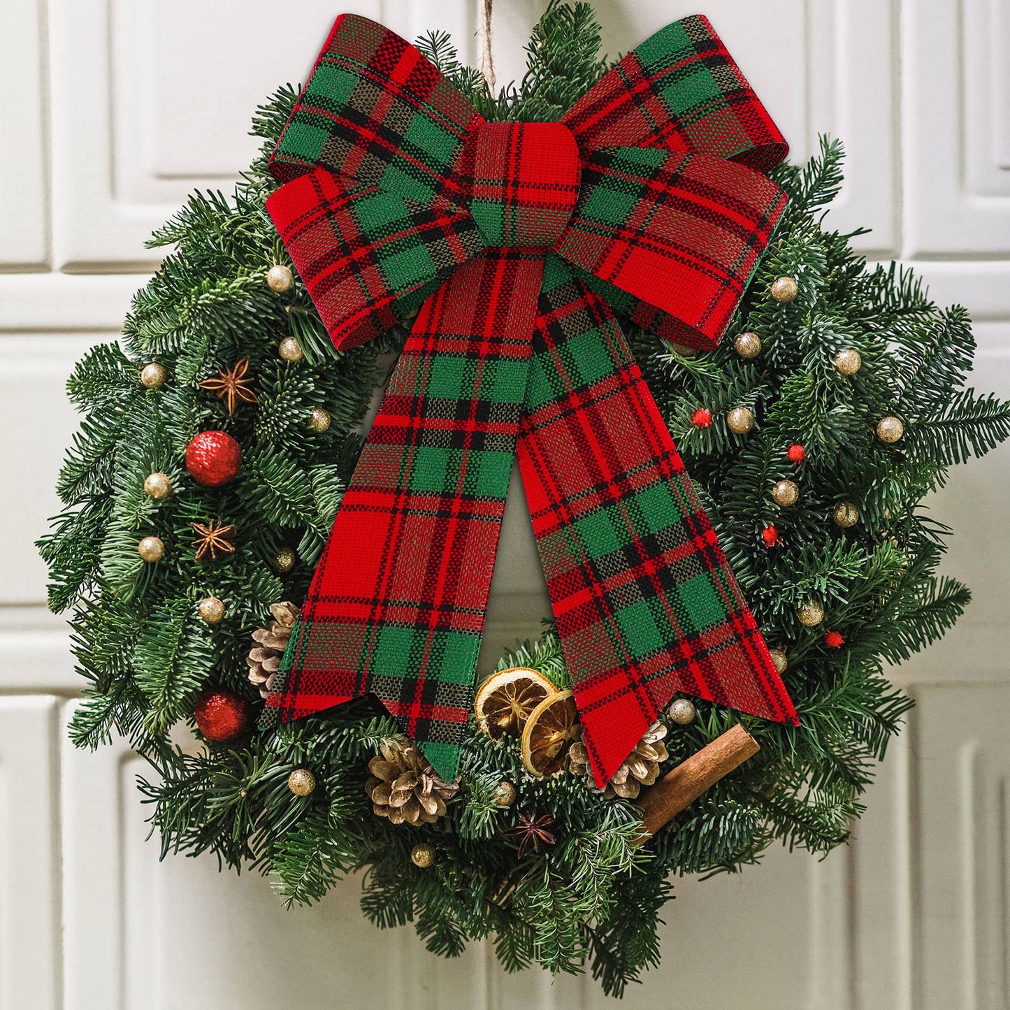 Aneco 6 Pack Red and Green Buffalo Plaid Christmas Wreaths Velvet Bows for Indoor and Outdoor Decorations