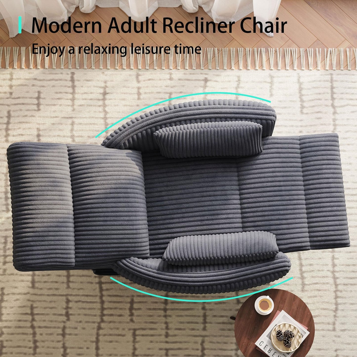 LINSY 360 Swivel Rocker Recliner - Corduroy Nursery Glider Rocking Chair with 2 Pillows, Comfy High Back Adult Recliner for Small Spaces, Nursery Bedroom Living Room Reclining Chairs (Grey)