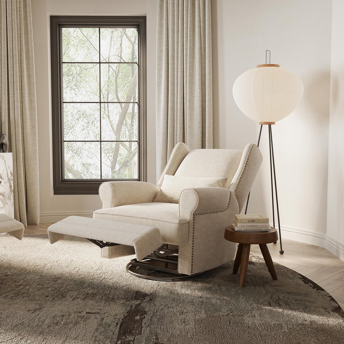 RoyalCraft Swivel Recliner Chair with Extra Large Footrest, Comfy Upholstered Glider Rocking Chair for Living Room, Bedroom and Ofice, Beige