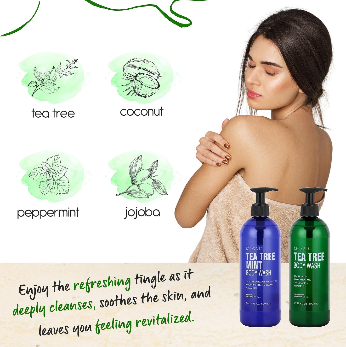 AnatoliaDaphne Tea Tree Body Wash and Shower Gel with Vitamin E for Jock Itch, Eczema, Ringworm, Body Odor, Body Wash Women & Men with Added Body Oils,LARGE 20.2 FL Oz Bottle (Tea Tree, Pack of 2)