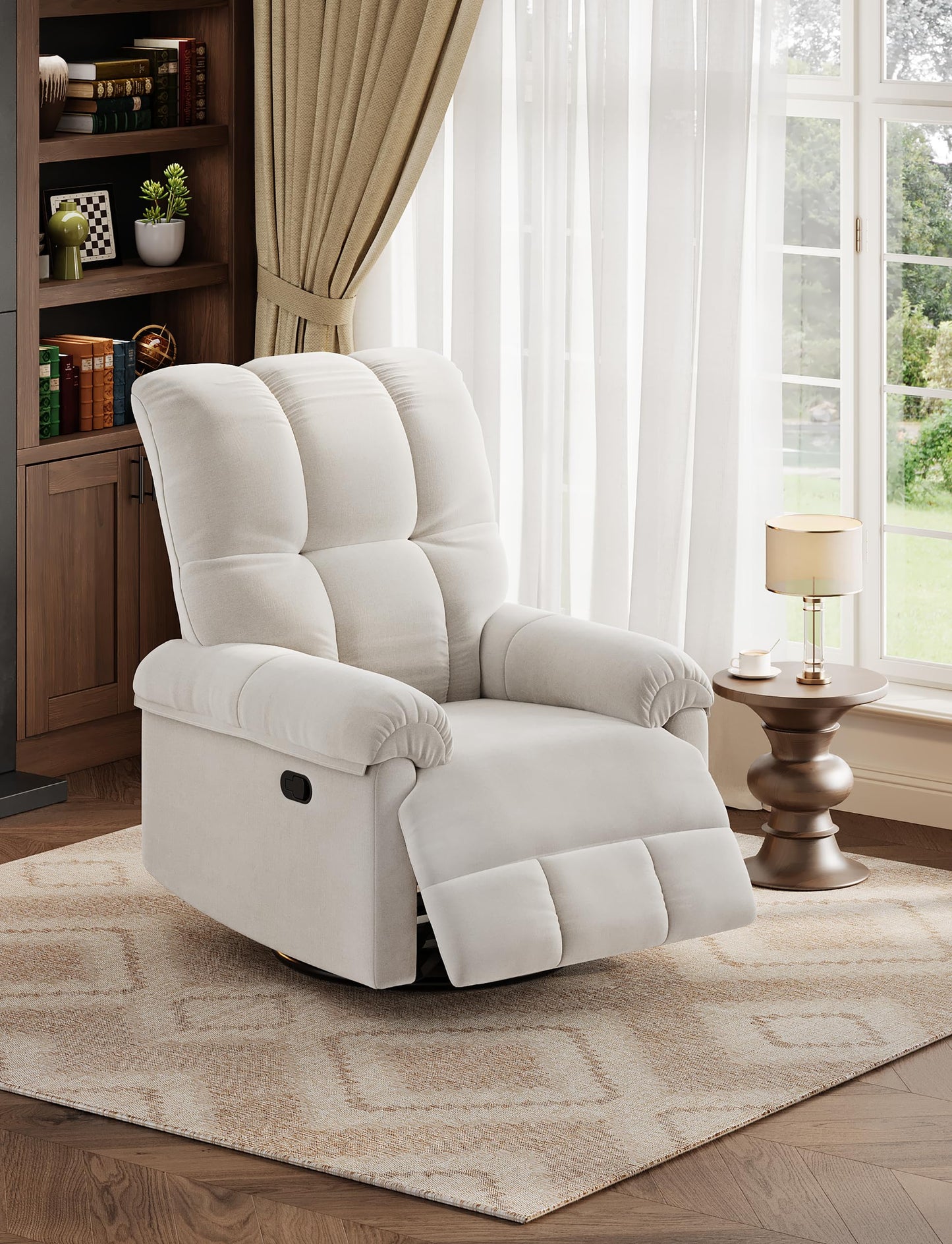 GarveeHome Manual Recliner Chair, Comfy Swivel Rocker Chair for Adults, Ergonomic High Back Silent Nursery Glider, Upholstered Fabric Reclining Sofa Chair for Living Room (Beige)