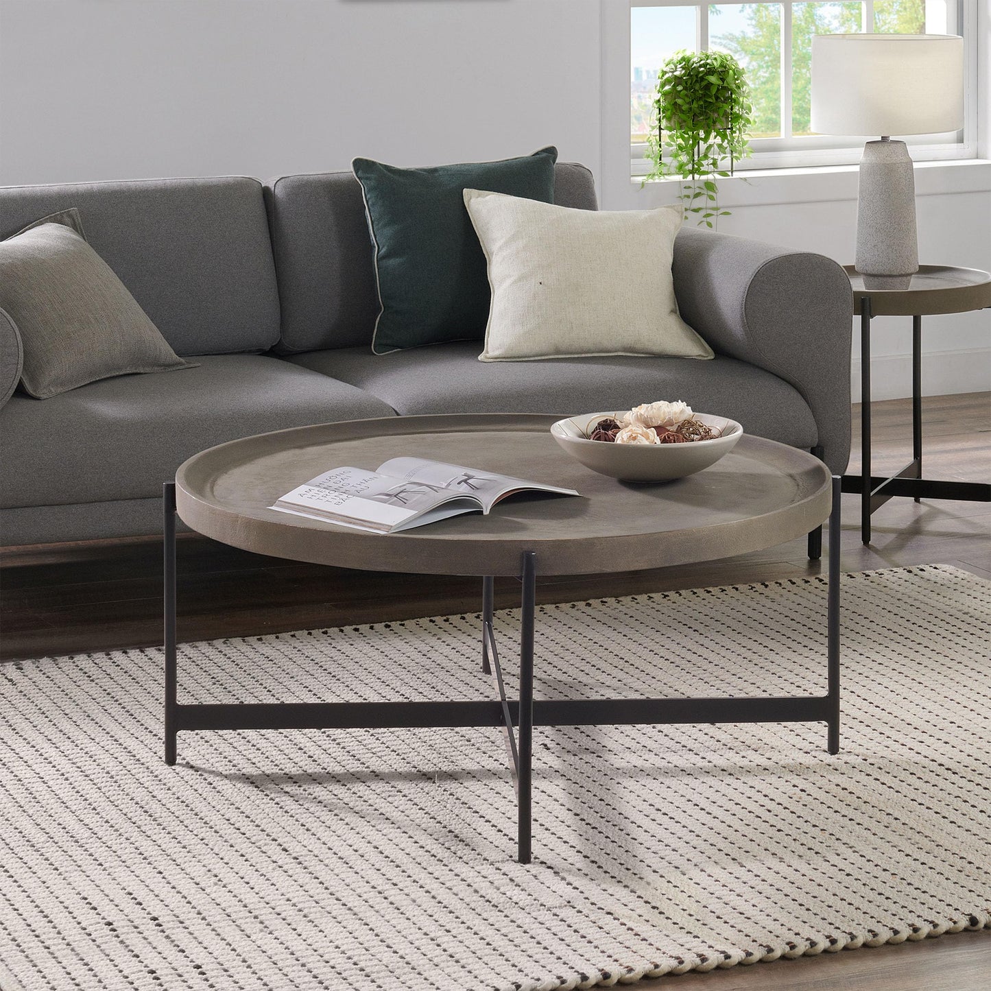 Alaterre Furniture Brookline 42-Inch Round Concrete-Coated Wood Coffee Table with Tray Top and Black Iron Legs – Industrial Farmhouse Living Room Accent Table with X-Frame Base