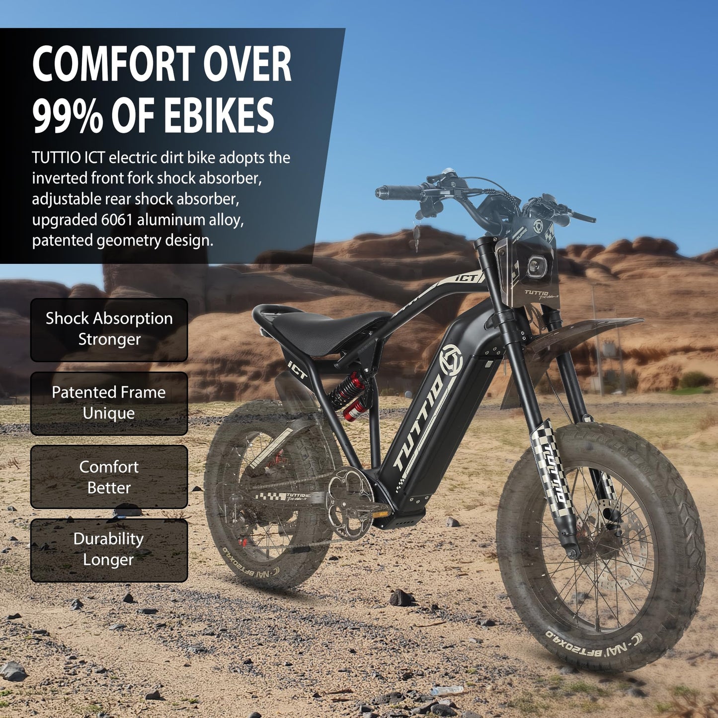Tuttio Electric-Dirt-Bike for Adults-Teens, ICT Peak 4000W-43MPH-60V-25AH Electric Motorcycle 20" Fat-Tire-Electric-Bike for Mountain Snow Off-Road Fit Age 16+