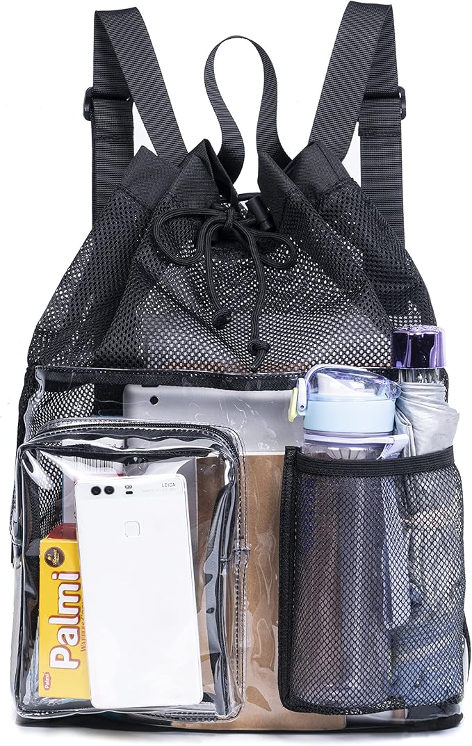 Mildbeer Clear Mesh Backpack for Beach Swimming Gym Travel, Drawstring Mesh Bag for Sports, Camping, Transparent Backpack with Wet and Dry Separation