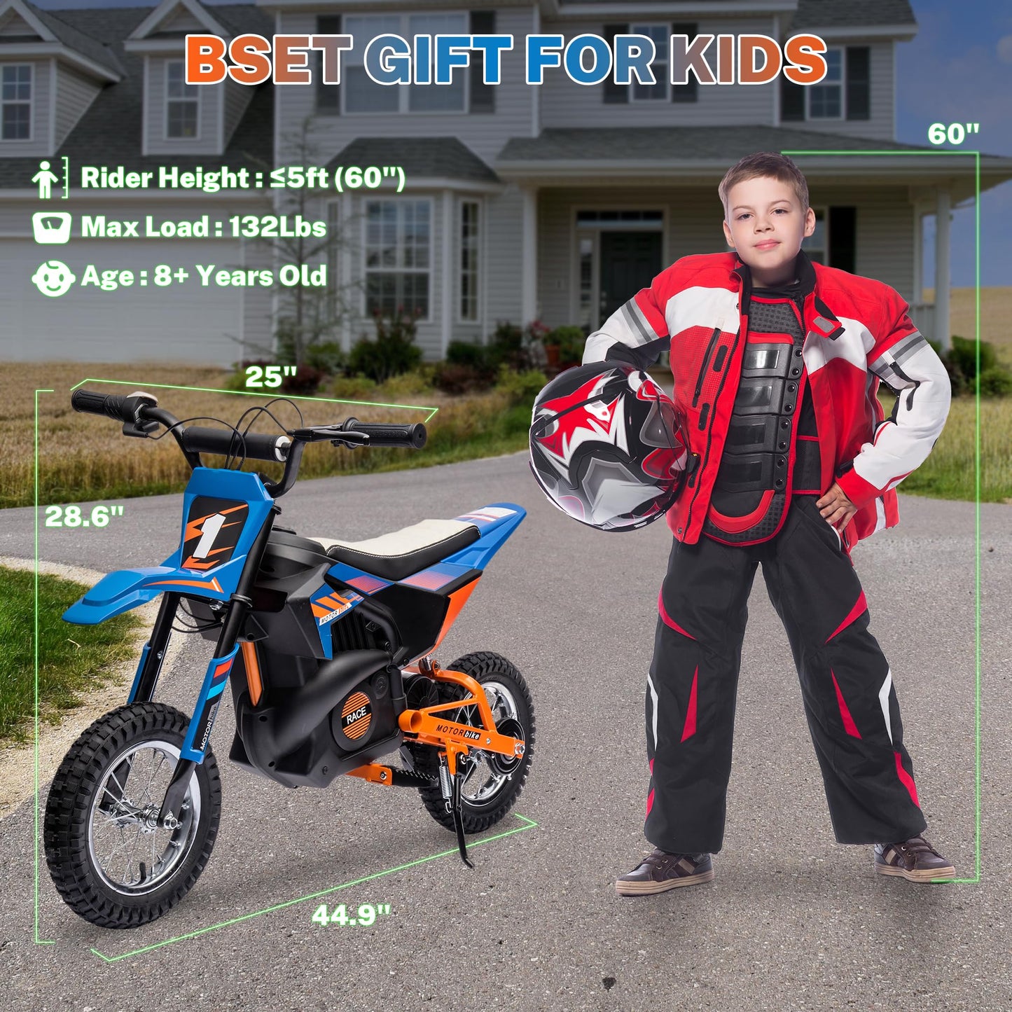 ENYOPRO 24V Electric Dirt Bike for Kids, 250W Kids Electric Motorcycle w/12.6" Air-Filled Tires, Disc Brake, Spring Suspension, Max 13.7 MPH & 8.9 Miles Long-Range, for Kid Ages 13+ (Blue & Orange)