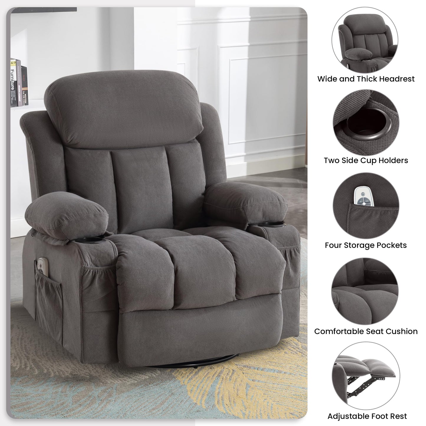 BOSMILLER Rocker Recliner Chair with Heat and Massage, Swivel Recliner Chairs for Living Room, with Cup Holders, Side Pockets and USB,Grey