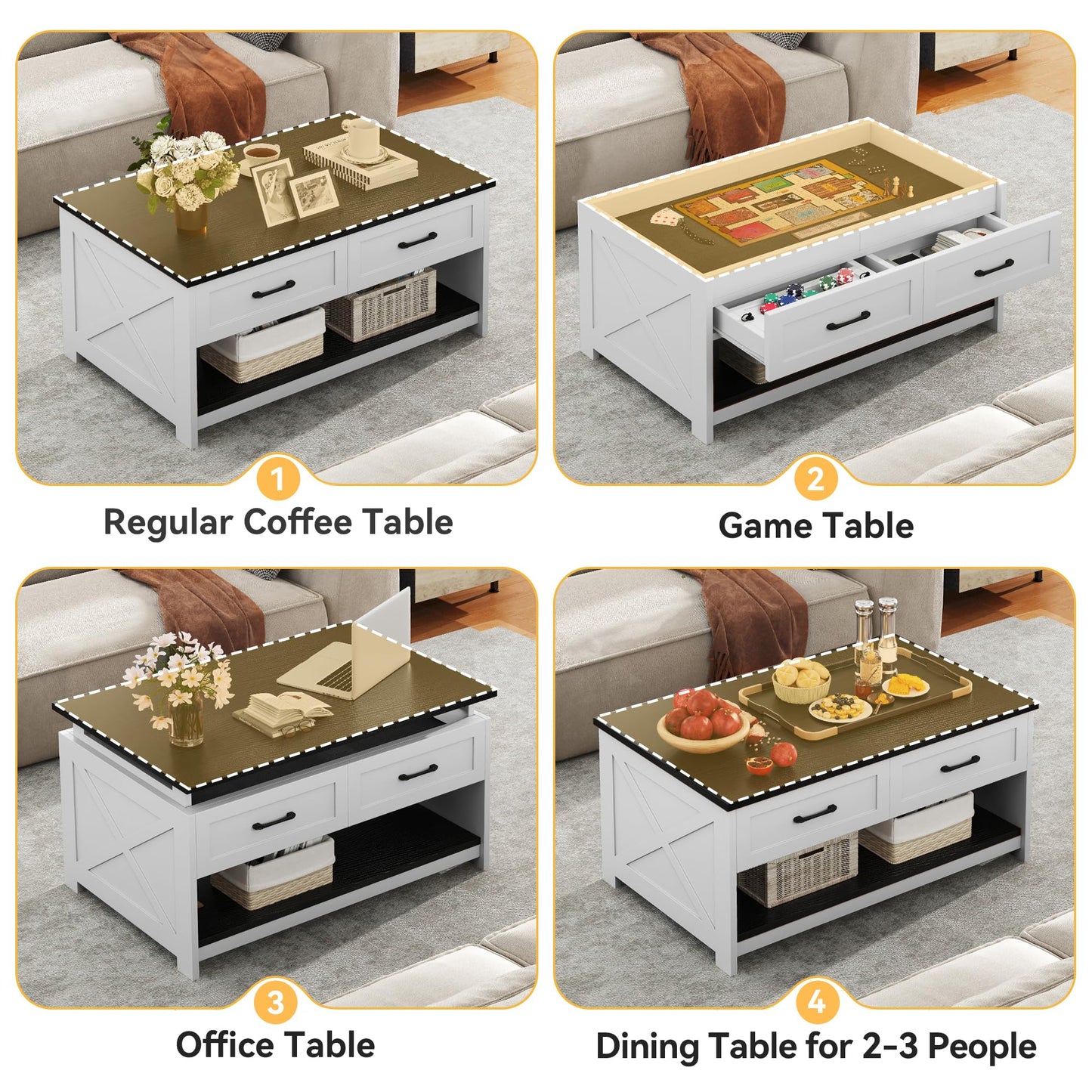 DWVO Farmhouse Living Room Coffee Table: 3-in-1 Game & Puzzle Table with Play Mat, 4 Drawers, Power Outlet, Removable Top Black