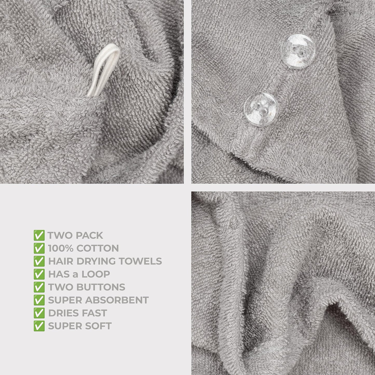 American Soft Linen 100% Cotton Hair Towels for Women, Head Towel Cap, Cotton Hair Turban Towel Wrap for Long Curly Anti Frizz Hair, Soft and Absorbent Cotton Hair Towels 2 Pack, Light Gray