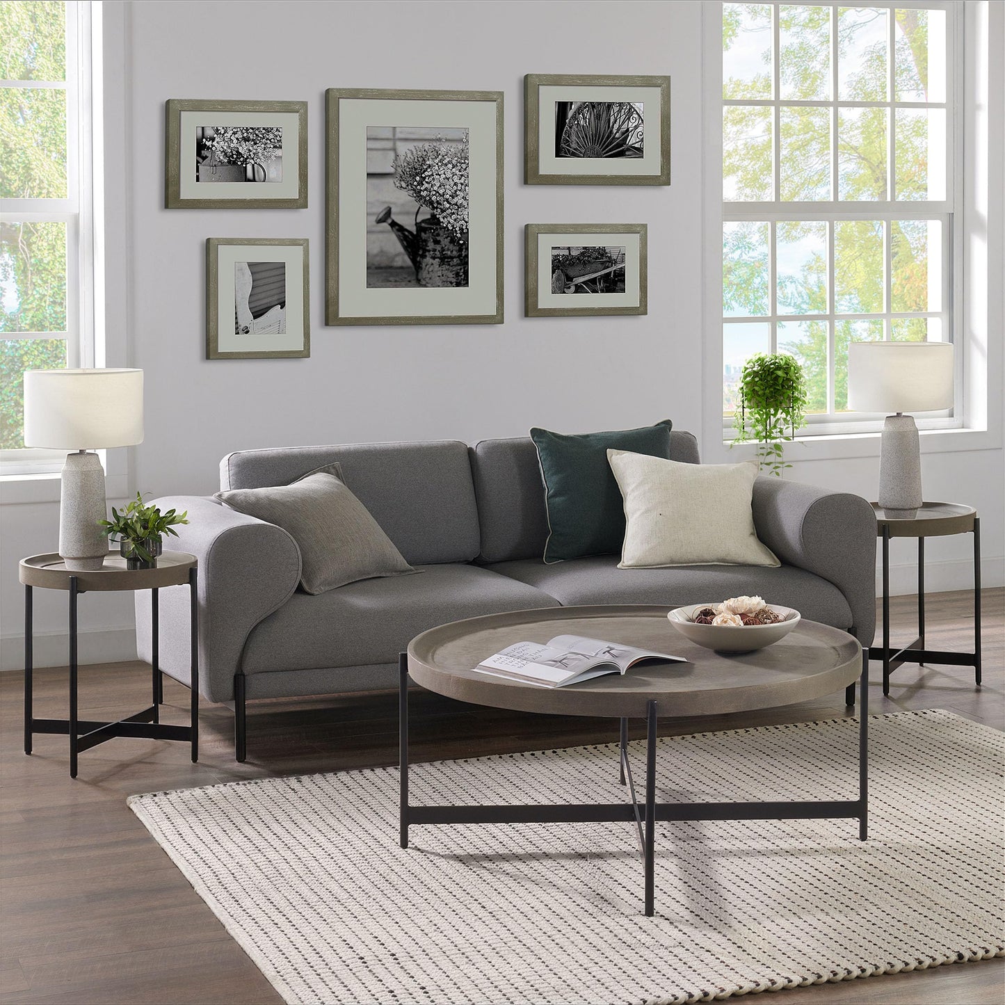 Alaterre Furniture Brookline 42-Inch Round Concrete-Coated Wood Coffee Table with Tray Top and Black Iron Legs – Industrial Farmhouse Living Room Accent Table with X-Frame Base