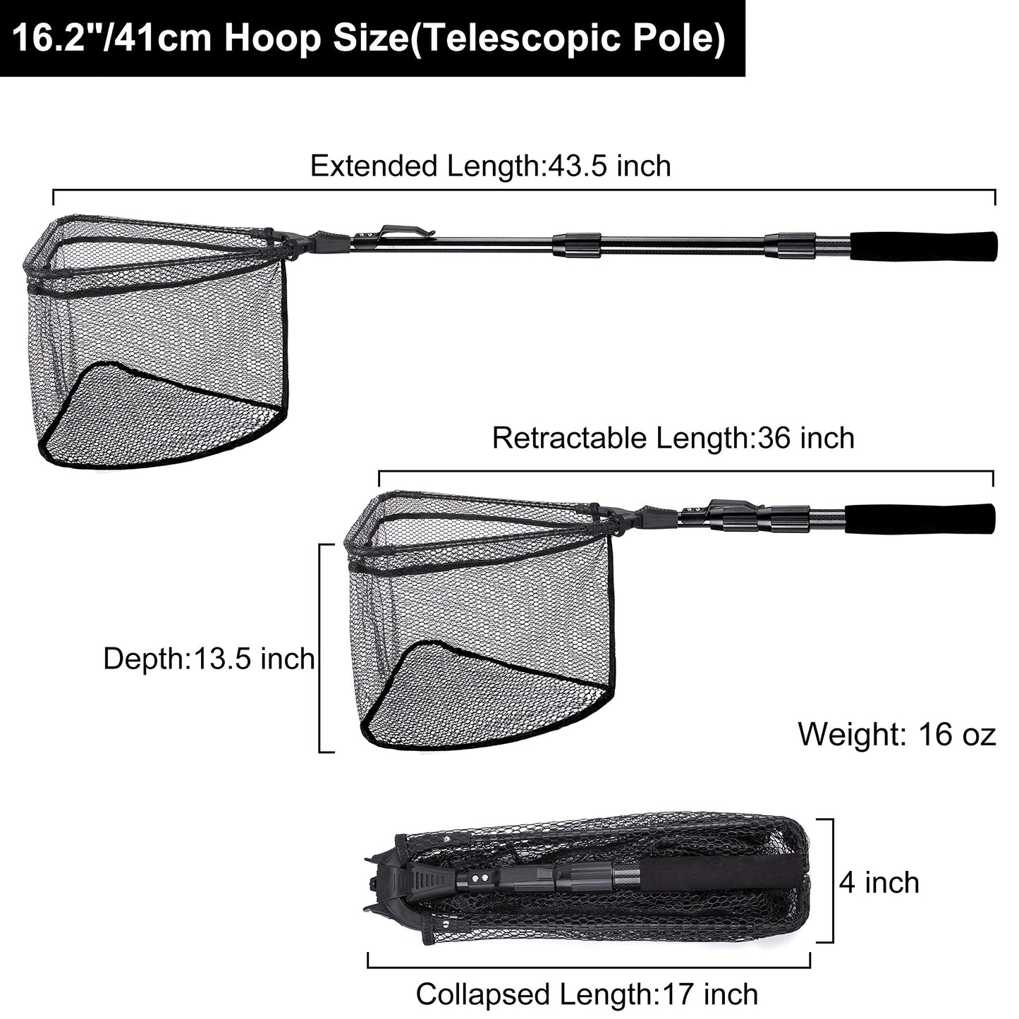 PLUSINNO Fishing Net Fish Landing Net, Foldable Collapsible Telescopic Pole Handle, Durable Nylon Material Mesh, Safe Fish Catching or Releasing (16.2")