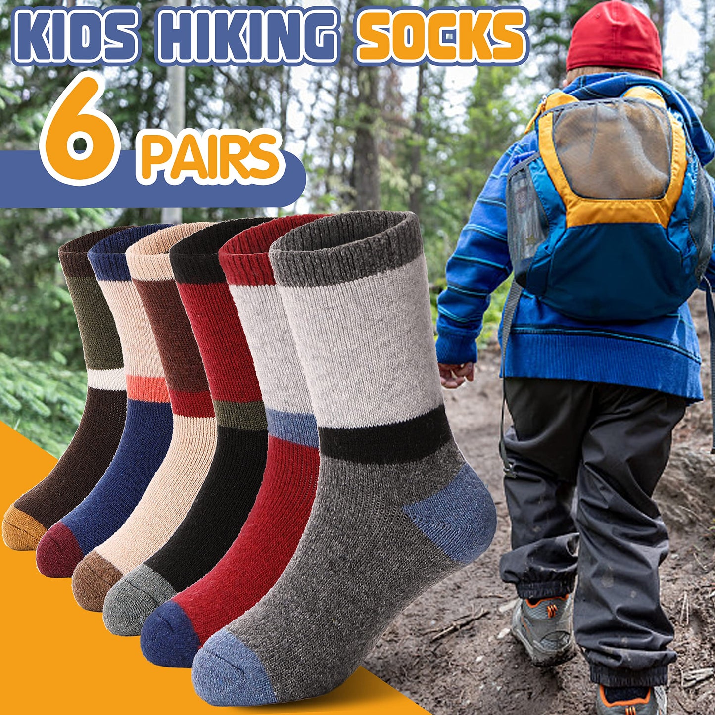 ANTSANG Kids Wool Hiking Socks Toddlers Boys Girls Warm Thick Thermal Crew Boot Heavy Cozy Snow Cabin Winter Gift Snowboarding Socks 6 Pairs(Color Striped D,4-7 Y)