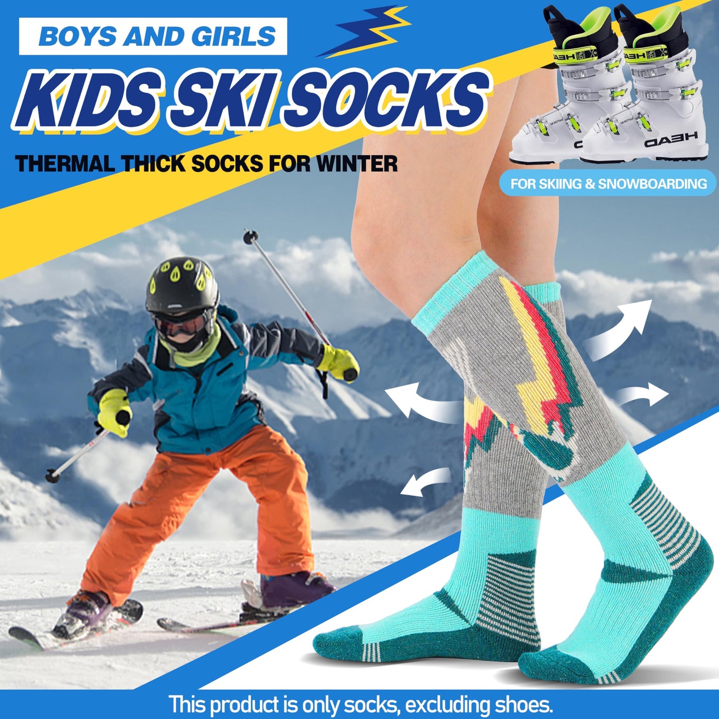 ANTSANG Kids Merino Wool Ski Socks for Girls Boys Teen Thermal Thick Warm Winter Hiking Knee High Stocking Stuffers Socks for Skiing Snowboarding(Skate A,8-12 Y)