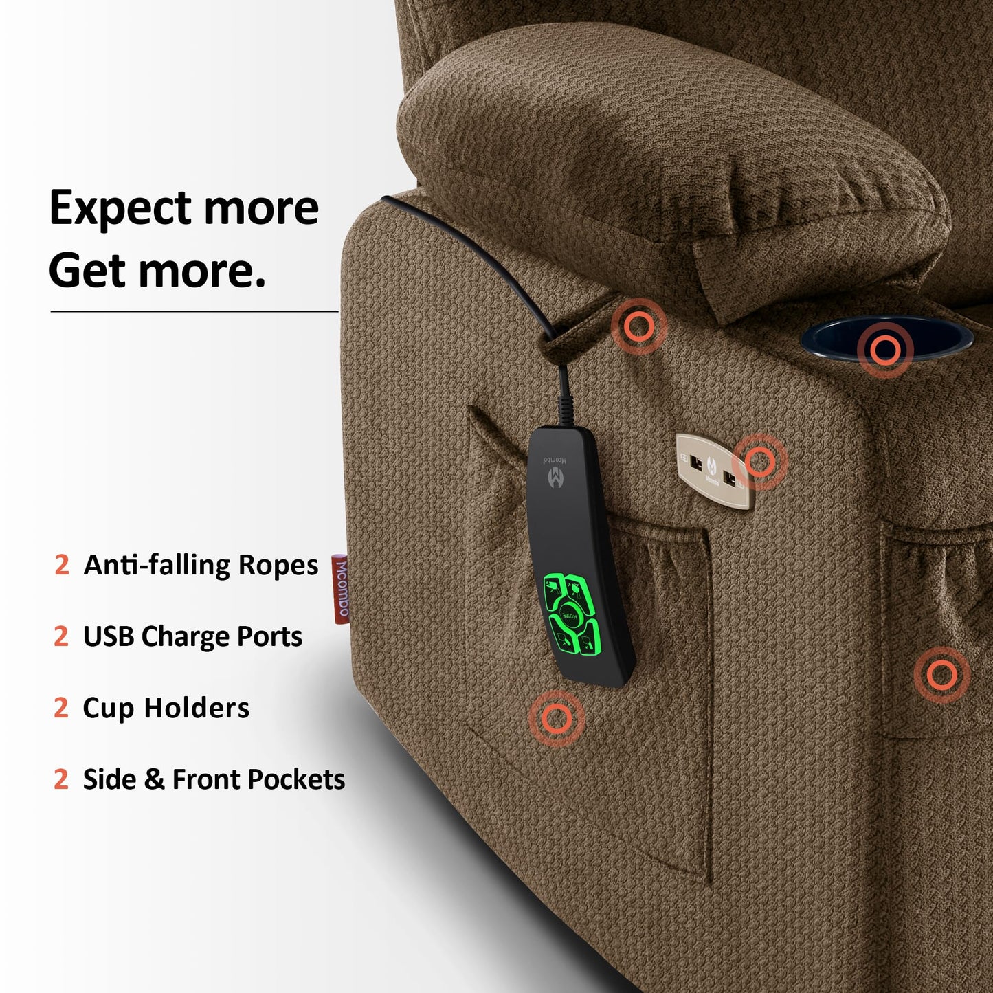 MCombo Large Dual Motor Power Lift Recliner Chair for Elderly, Massage and Heat, Lay Flat, Zero Gravity, Home Button, USB Port, Fabric 7680 (Large, Brown)