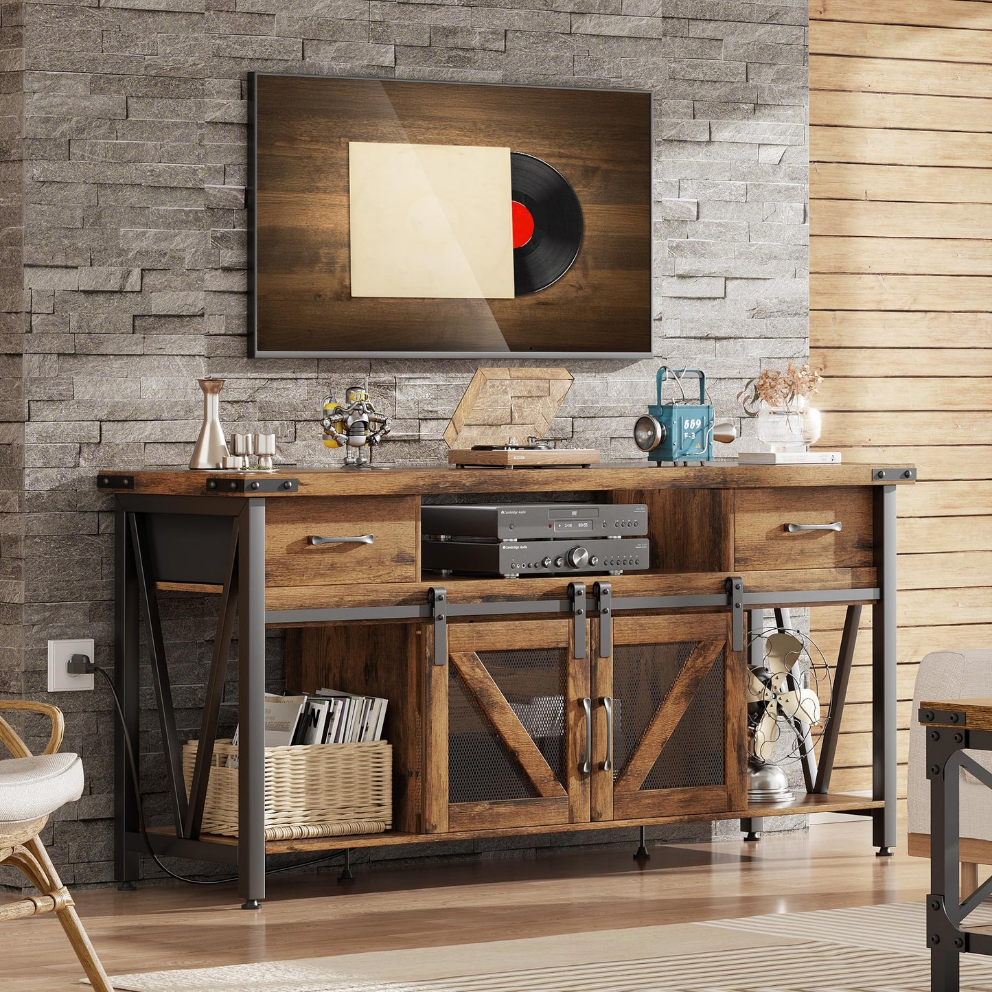 AntsandAnts TV Stand for 75 Inch TV,Entertainment Center with Power Outlets, 2 Drawers & Sliding Barn Doors, Rustic Wood Industrial TV Table for Living Room, Fits Up to 75" TVs