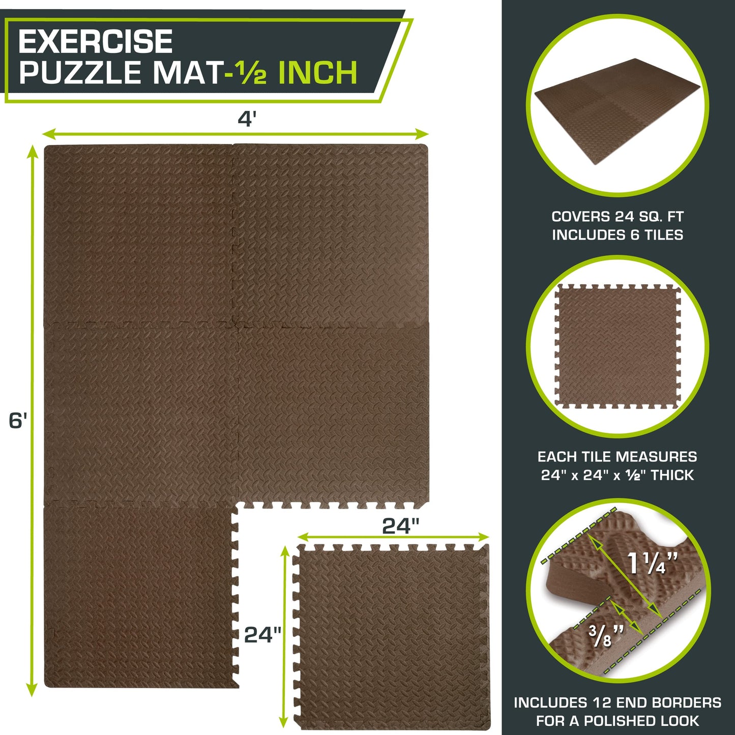 ProsourceFit Puzzle Exercise Mat ½ in, EVA Interlocking Foam Floor Tiles for Home Gym, Mat for Home Workout Equipment, Floor Padding for Kids, Brown, 24 in x 24 in x ½ in, 24 Sq Ft - 6 Tiles