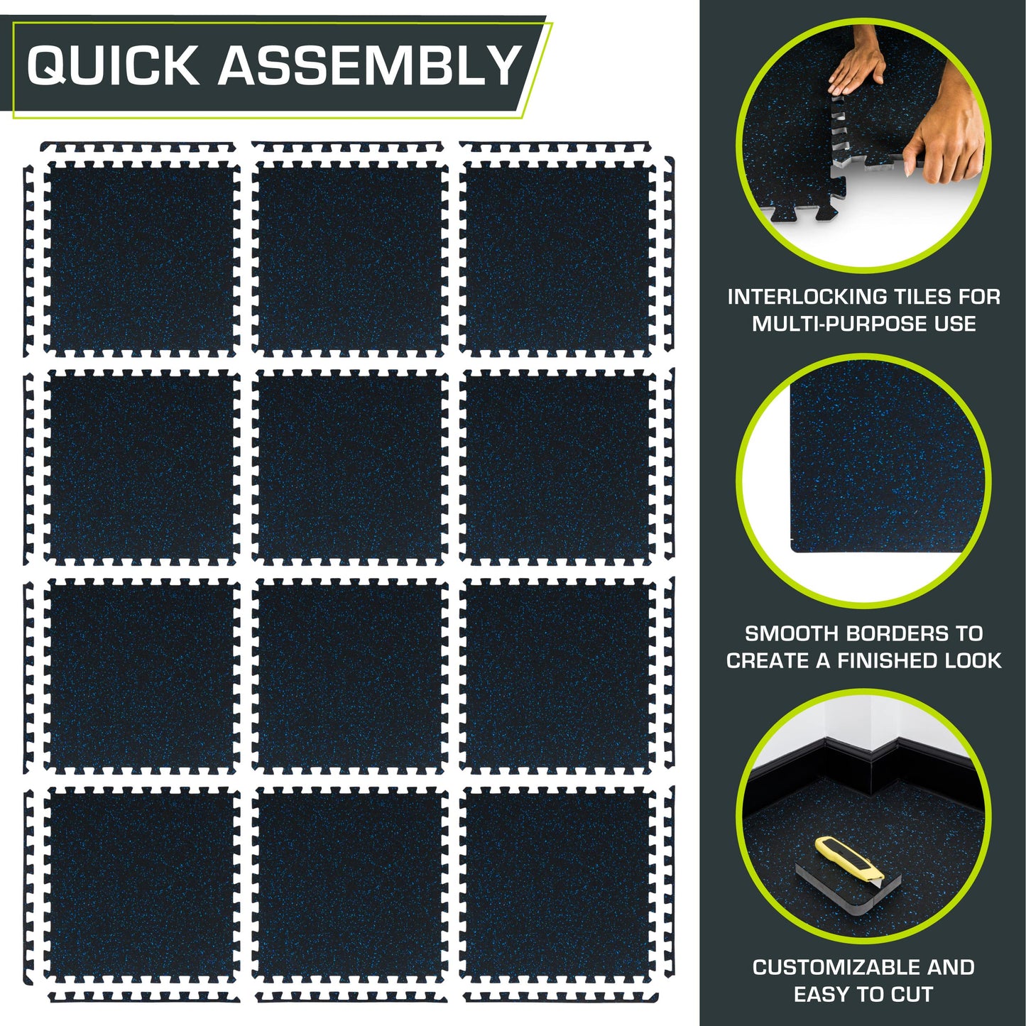 ProsourceFit Rubber Top Exercise Puzzle Mat 3/4-inch, 48 SQFT, 12 Tiles, EVA Foam Interlocking Tiles for Home Gym Protective Flooring for Equipment and Workouts, Blue