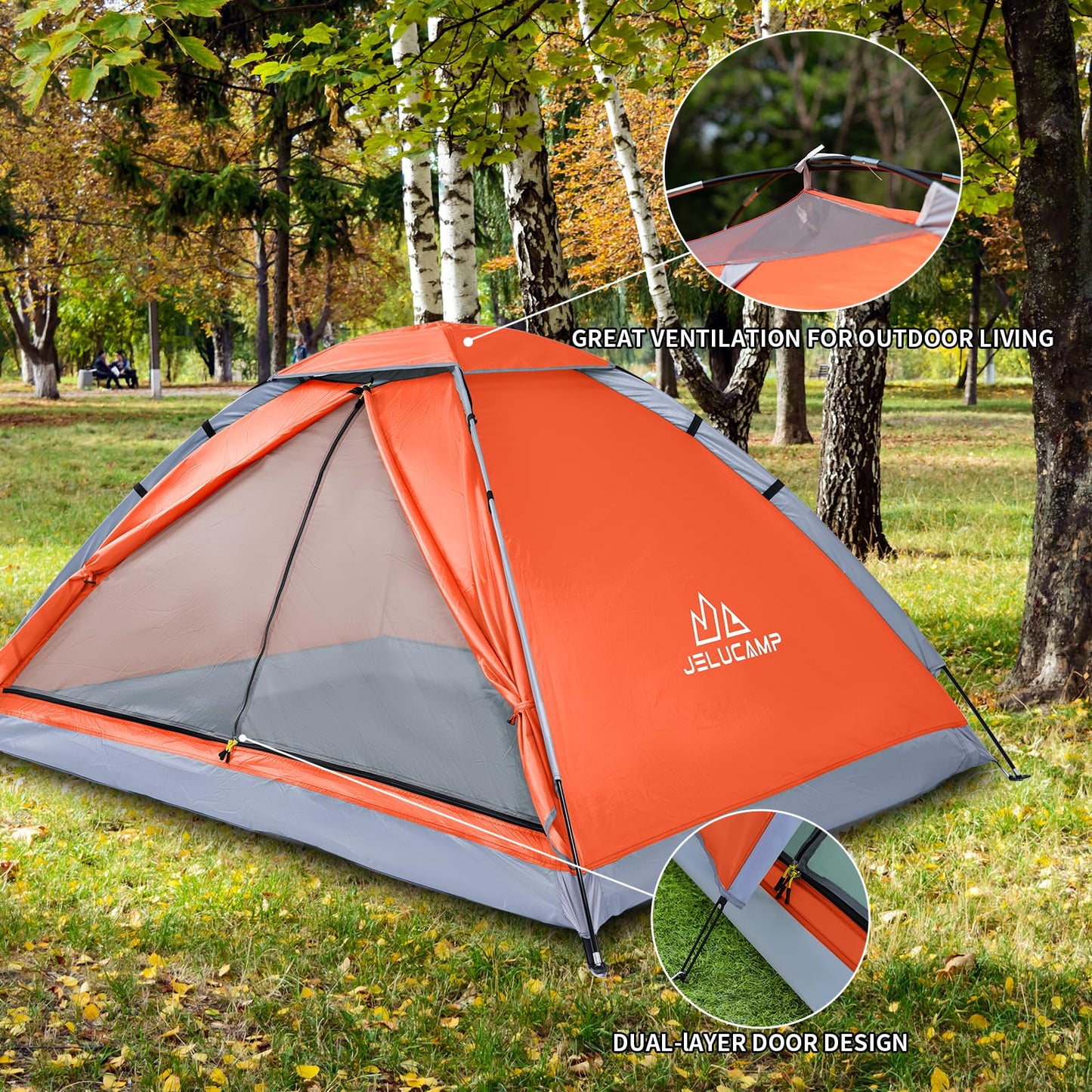 JELUCAMP 1/2 Person Dome Tents for Camping, Lightweight Portable Single Backpacking Tent, Small Easy Setup Outdoor Waterproof Camping Hiking Tent for Adults, 2 Person Tent, Orange