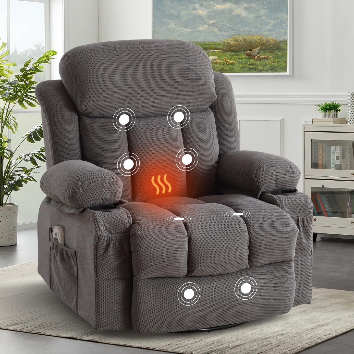 BOSMILLER Rocker Recliner Chair with Heat and Massage, Swivel Recliner Chairs for Living Room, with Cup Holders, Side Pockets and USB,Grey