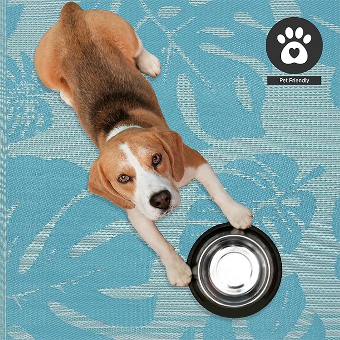 FH Home Outdoor Rug - Waterproof, Fade Resistant, Reversible - Premium Recycled Plastic - Tropical, Botanical - Patio, Deck, Porch, Balcony - Hana Leaves - Blue Crease Free - 5 x 8 ft