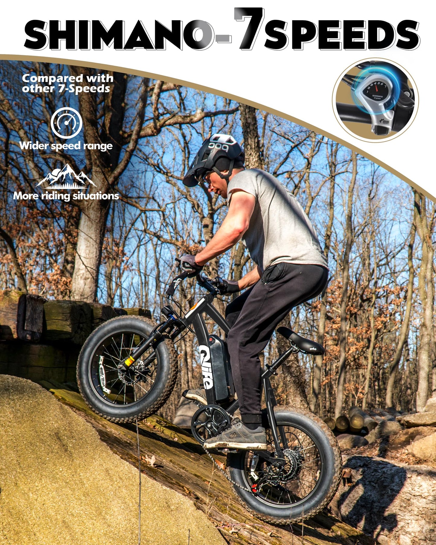 Qlife Racer Fat tire Electric Bike for Adults - 28MPH Mountain Ebike with Peak 1200W Brushless Motor, 499Wh Removable Battery, 20X4.0 Tire Step Over E-MTB with 7-Speed Black Classic