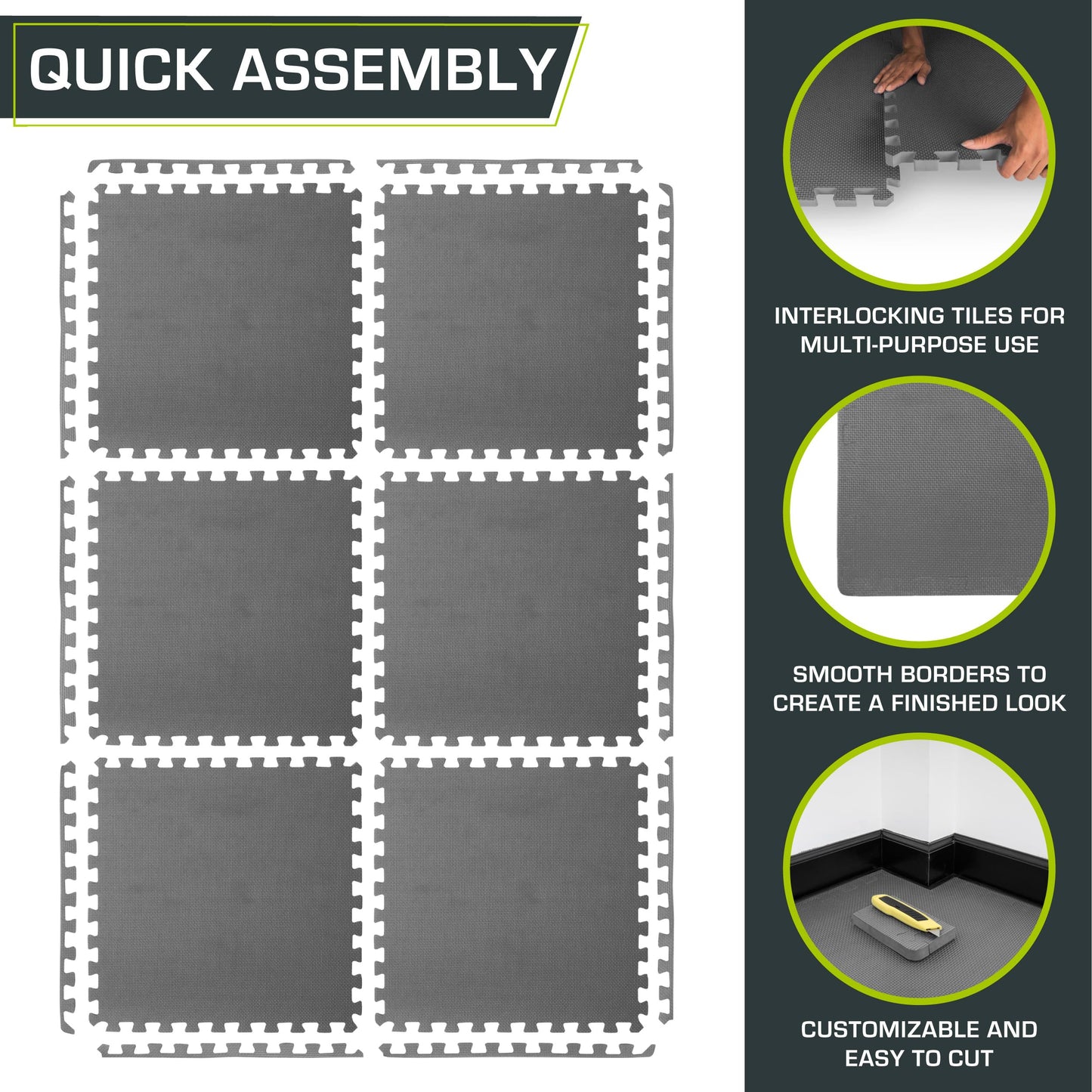 ProsourceFit Extra Thick Puzzle Exercise Mat , EVA Foam Interlocking Tiles for Protective, Cushioned Workout Flooring for Home and Gym Equipment, Grey - 1 inch - 24 Sq Ft - 6 Tiles