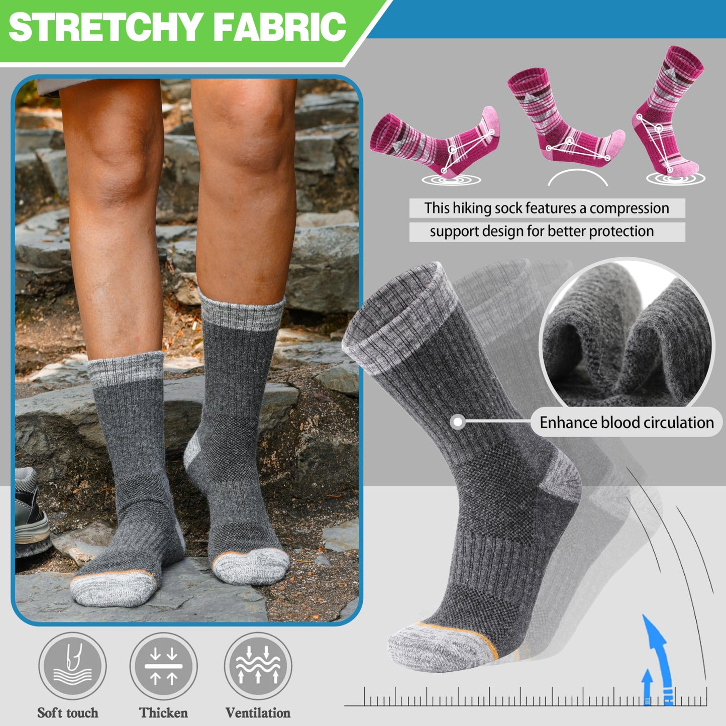 ANTSANG Merino Wool Hiking Socks for Men & Women Thermal Warm Winter Thick Cozy Athletic Crew Work Boot Gift Socks Stocking Stuffers 5 Pairs(Nordic,L)