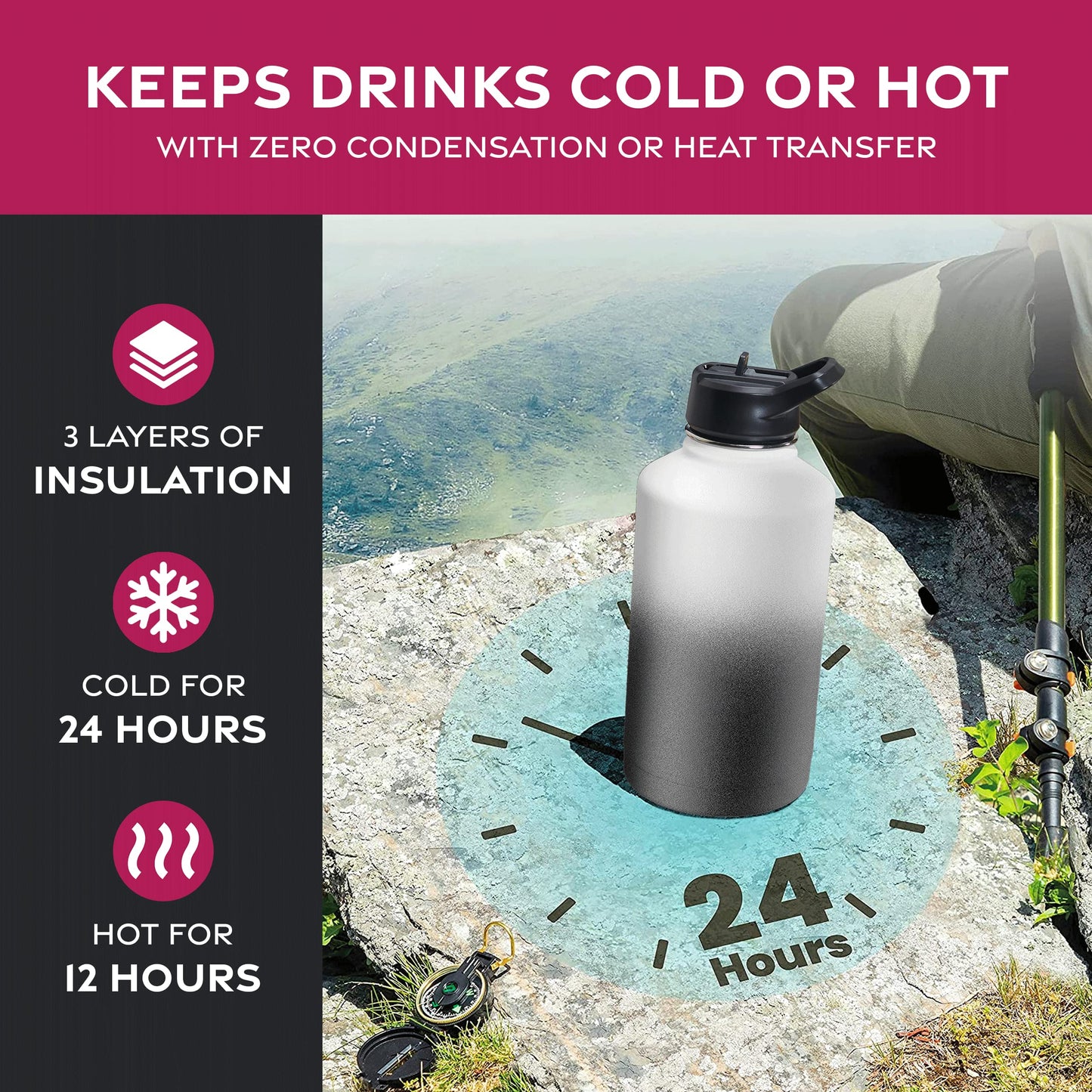 FineDine Triple Walled, Insulated Water Bottles with Straw - 64 Oz Stainless Steel Metal Bottle W/ 3 Leak Proof Lids - For Travel, School, Sports, Gym / Men, Women & Kids - Dreamy Black-White