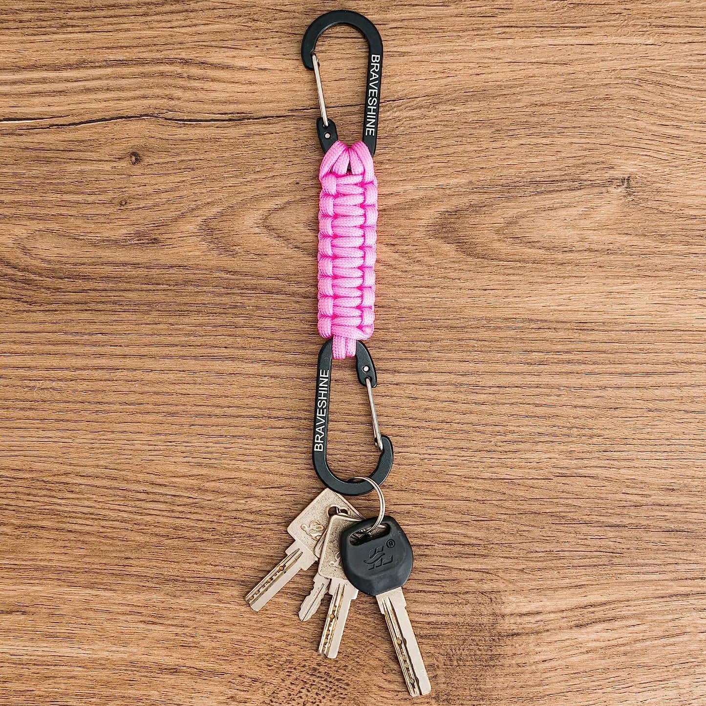 BRAVESHINE 2 Pack Pink Paracord Keychain Hook Carabiner Clips, Lanyard Hanger with D Ring Hooks Heavy-Weight Stroller Hook Holder for Water Bottle, Key, Backpacks, Tools, Boys, Girls, Men, Women