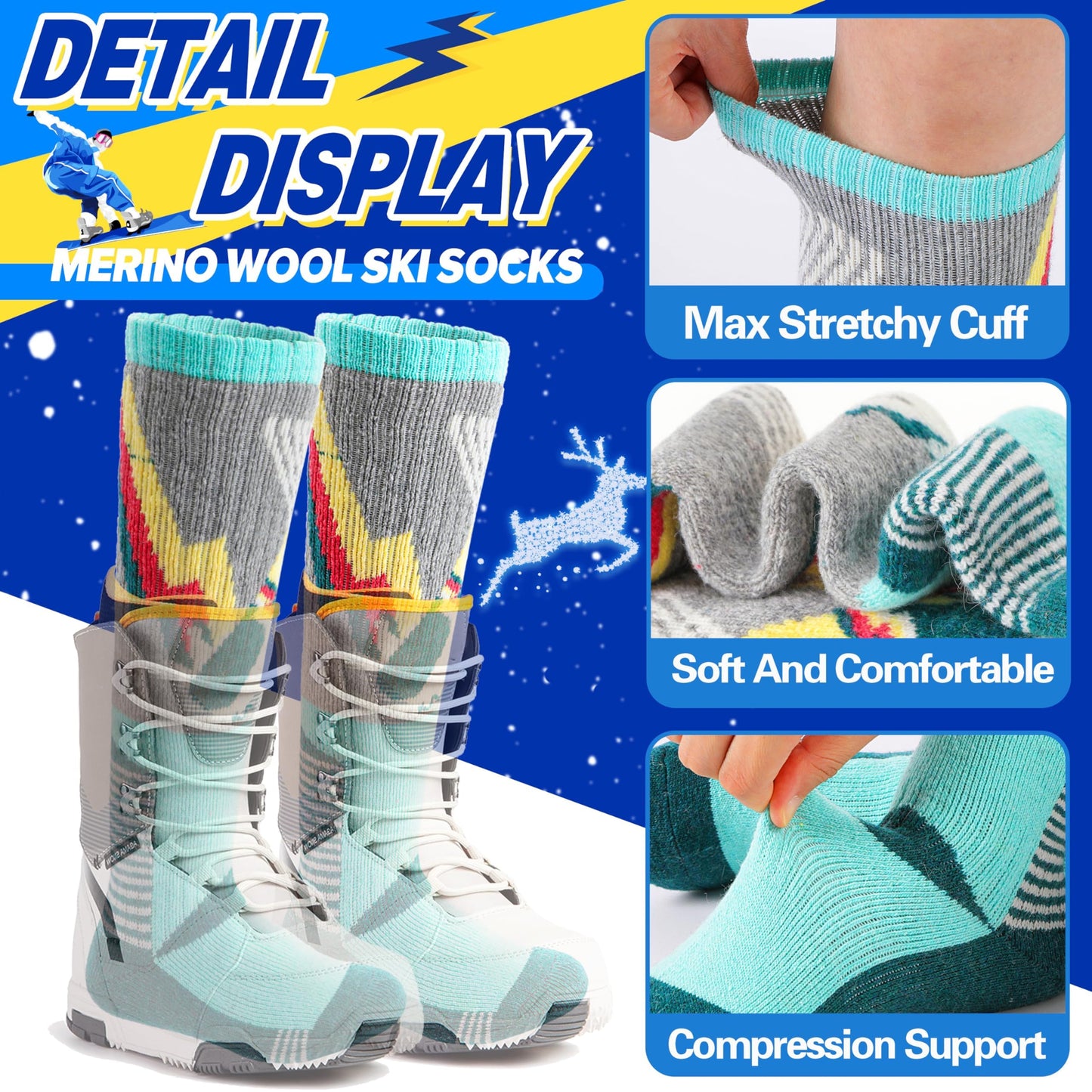 ANTSANG Kids Merino Wool Ski Socks for Girls Boys Teen Thermal Thick Warm Winter Hiking Knee High Stocking Stuffers Socks for Skiing Snowboarding(Skate A,8-12 Y)