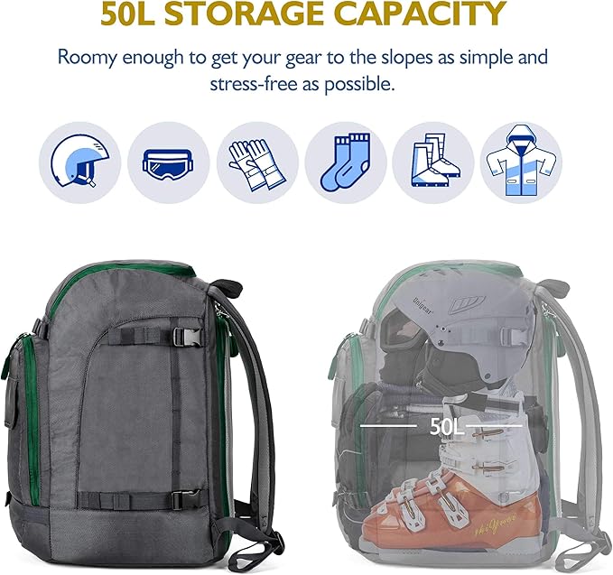 Unigear Ski Boot Bag Backpack for Helmet 50L/70L, Goggles, Gloves, Skis, Snowboard & Accessories (Gray)