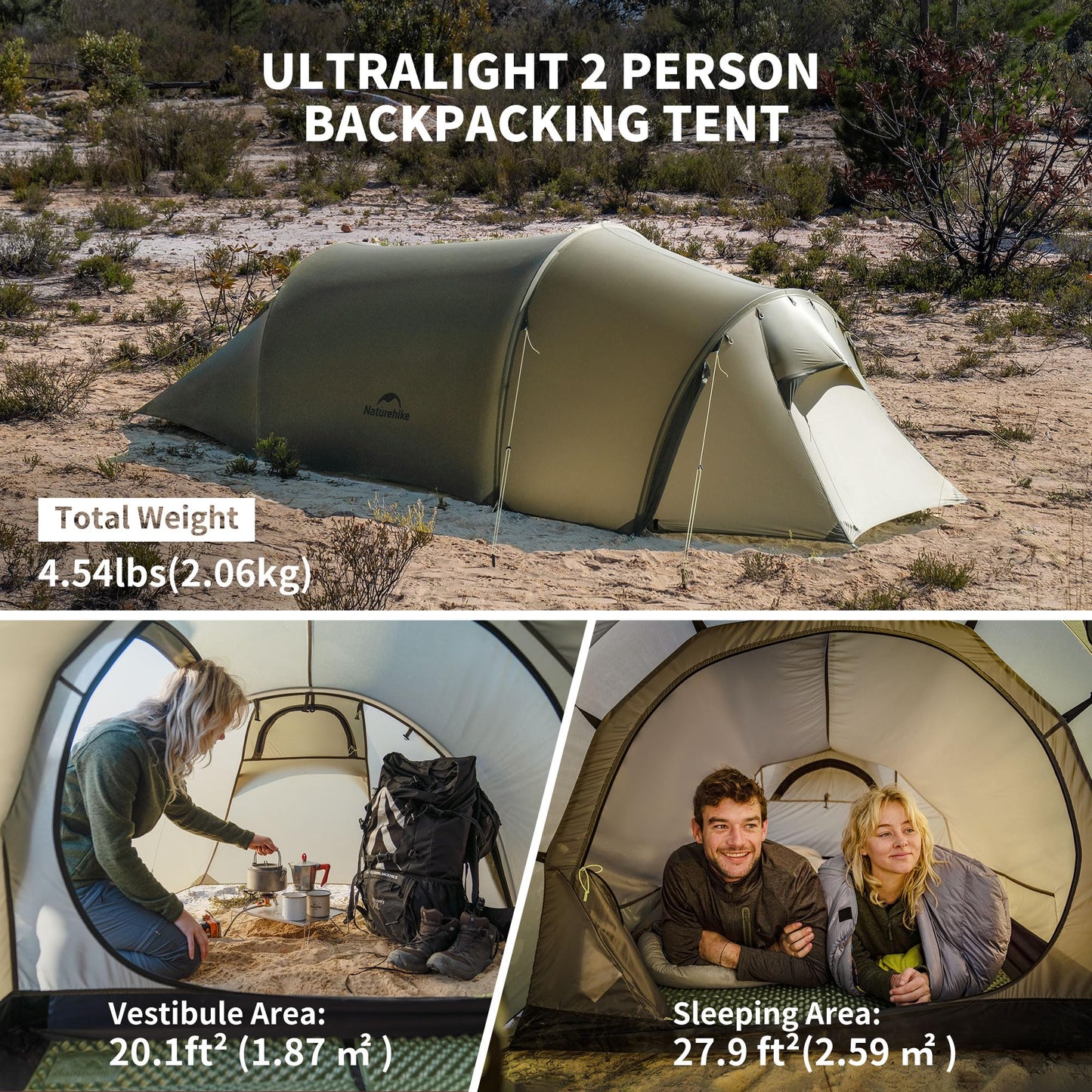 Naturehike Opalus Tunnel Tent with Vestibule, Waterproof 2-3 Person Backpacking Tent, Double Layer Tents for Camping
