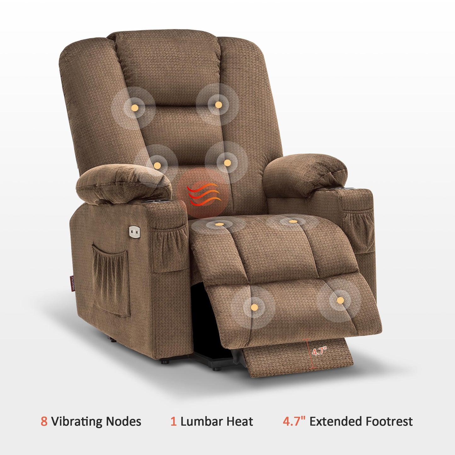 MCombo Large Power Lift Recliner Chair Sofa with Massage and Heat for Big and Tall Elderly People, 3 Positions, Cup Holders, and USB Ports, Fabric 7549 (Large, Brown)