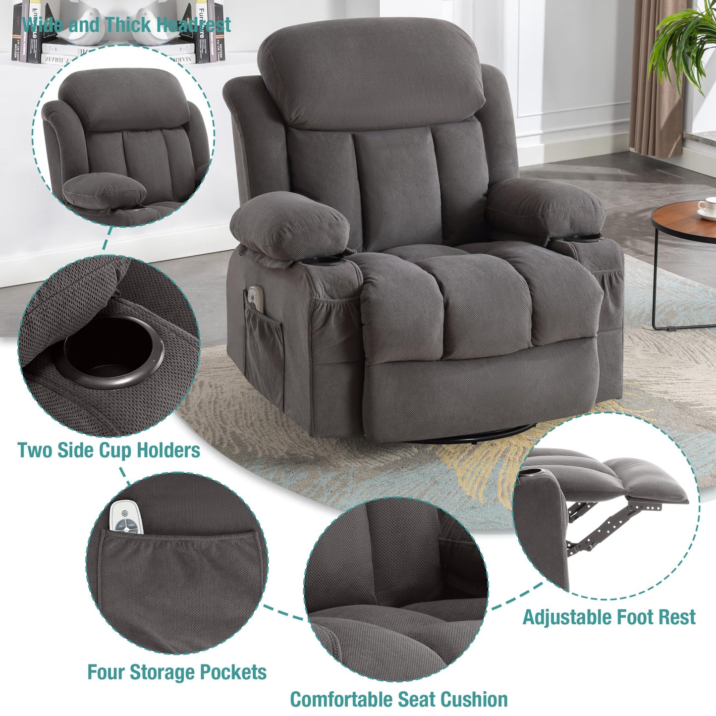 BOSMILLER Massage Recliner Chair, Swivel and Rocking Recliner with Heat and Vibration, Breathable Fabric Ergonomic Single Sofa Chair for Living Room with Cup Holders, Side Pockets and USB (Grey)