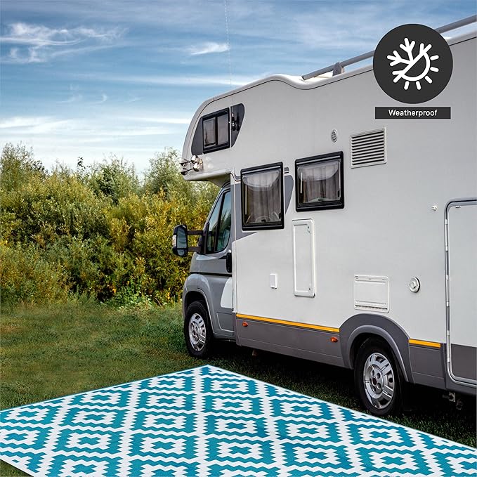 FH Home Outdoor Rug - Waterproof, Fade Resistant, Reversible - Premium Recycled Plastic - Geometric - Large Patio, Deck, Sunroom, Camping, RV - Aztec - Teal & White Crease Free - 6 x 9 ft