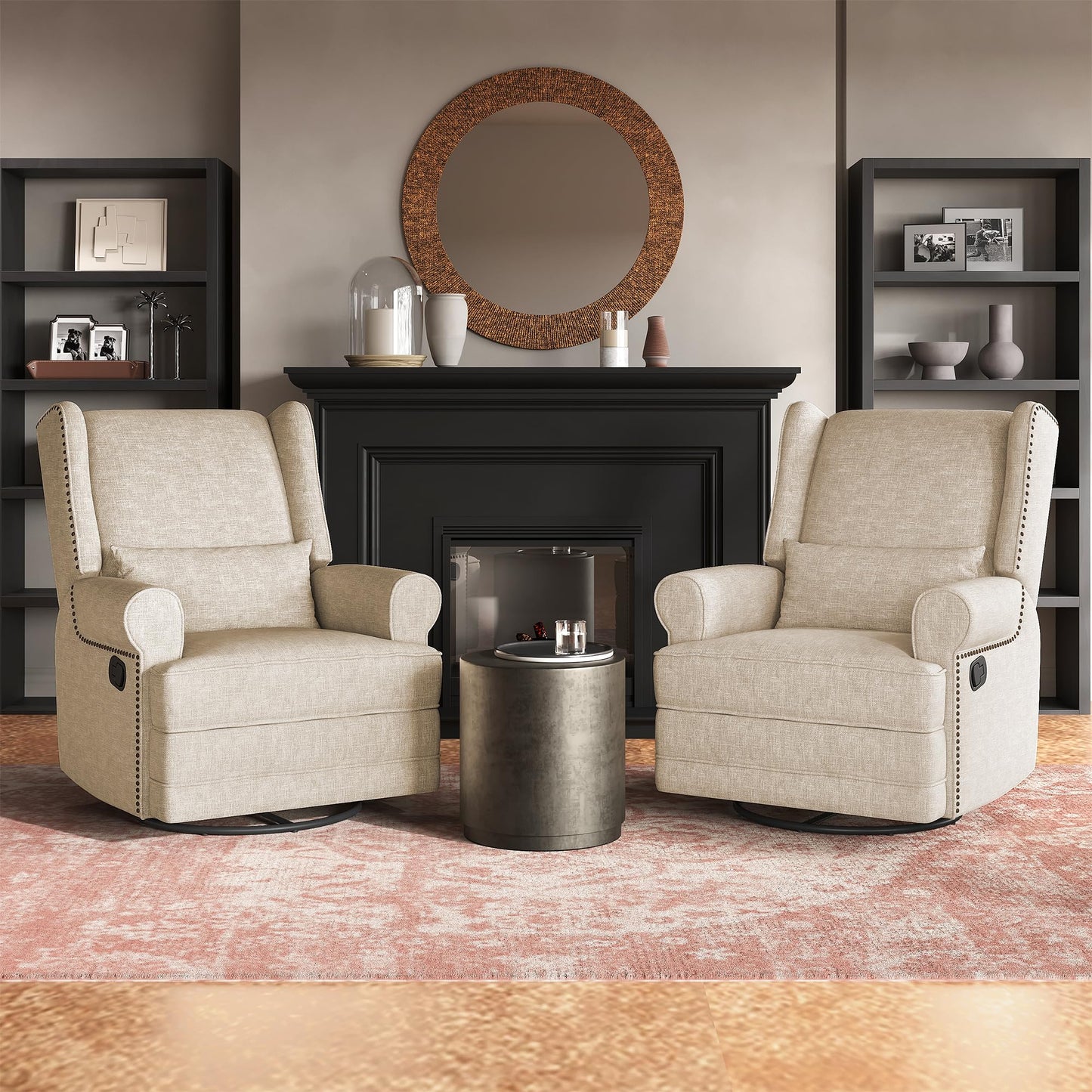 RoyalCraft Swivel Recliner Chair with Extra Large Footrest, Comfy Upholstered Glider Rocking Chair for Living Room, Bedroom and Ofice, Beige