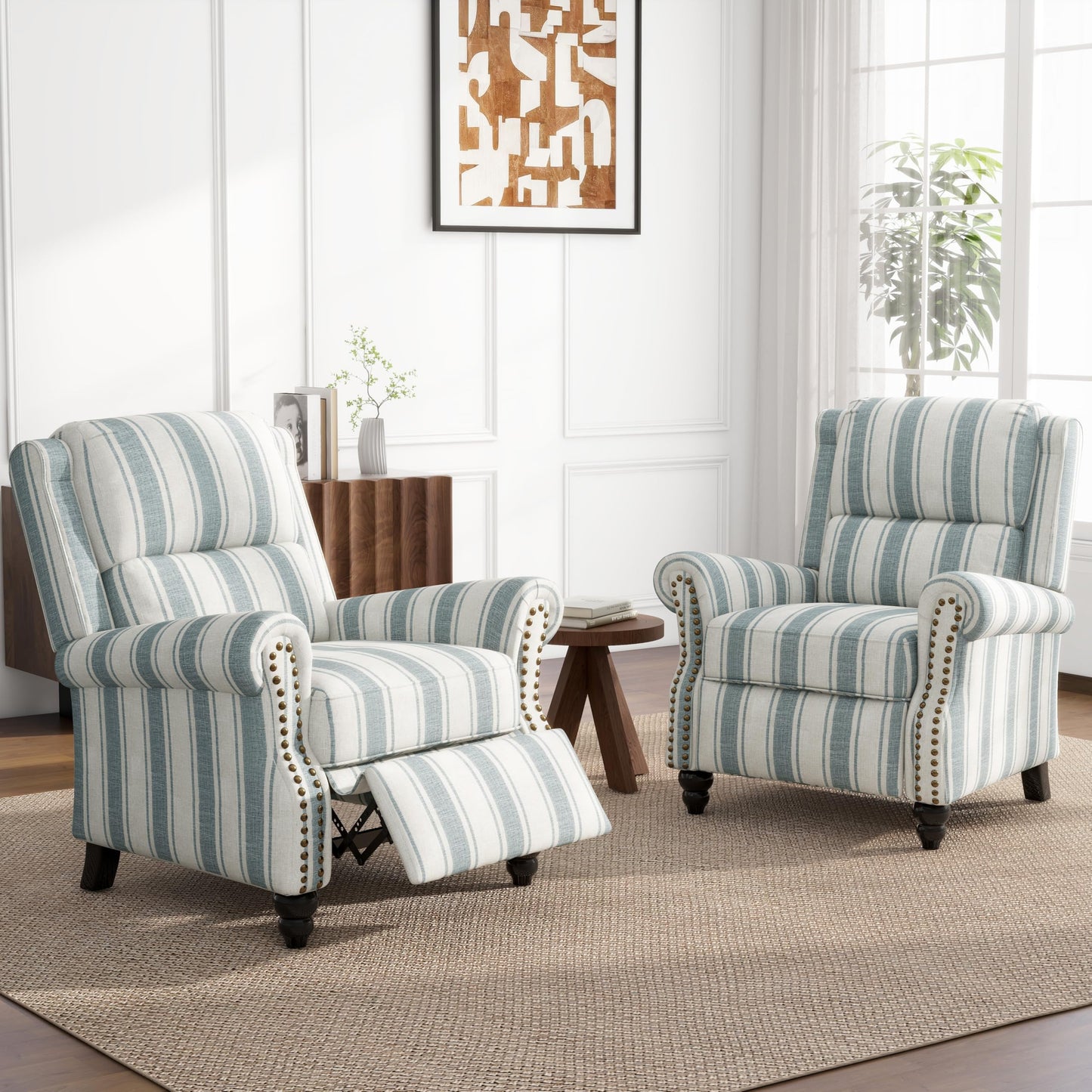 UIXE Pushback Recliner Chairs Set of 2, Fabric Armchair Push Back Accent Chair, Rivet Trim Club Chair Home Theater Overstuffed Single Sofa Reading Seat for Living Room, Stripe Blue