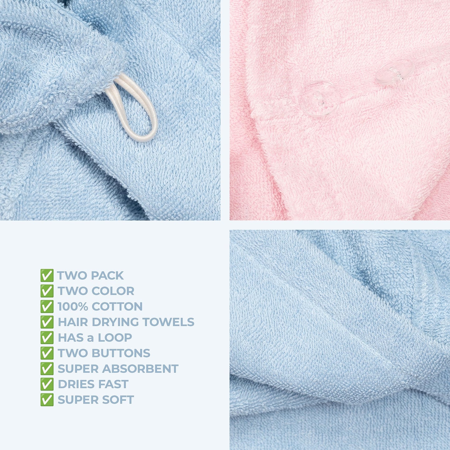 American Soft Linen 100% Cotton Hair Towels for Women, Head Towel Cap, Cotton Hair Turban Towel Wrap for Long Curly Anti Frizz Hair, Soft and Absorbent Cotton Hair Towels 2 Pack, Sky Blue-Pink