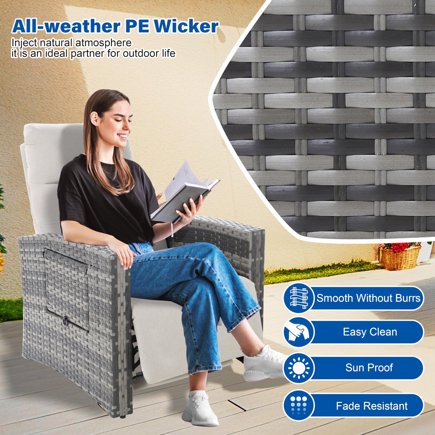 ZZW Outdoor Recliner Chair Set of 2, Wicker Patio Recliners with Adjustable Backrest 92°-145°and Extended Foot Rest, Reclining Pattio Chairs with Flip Table & Removable Cushion Cover for Porch