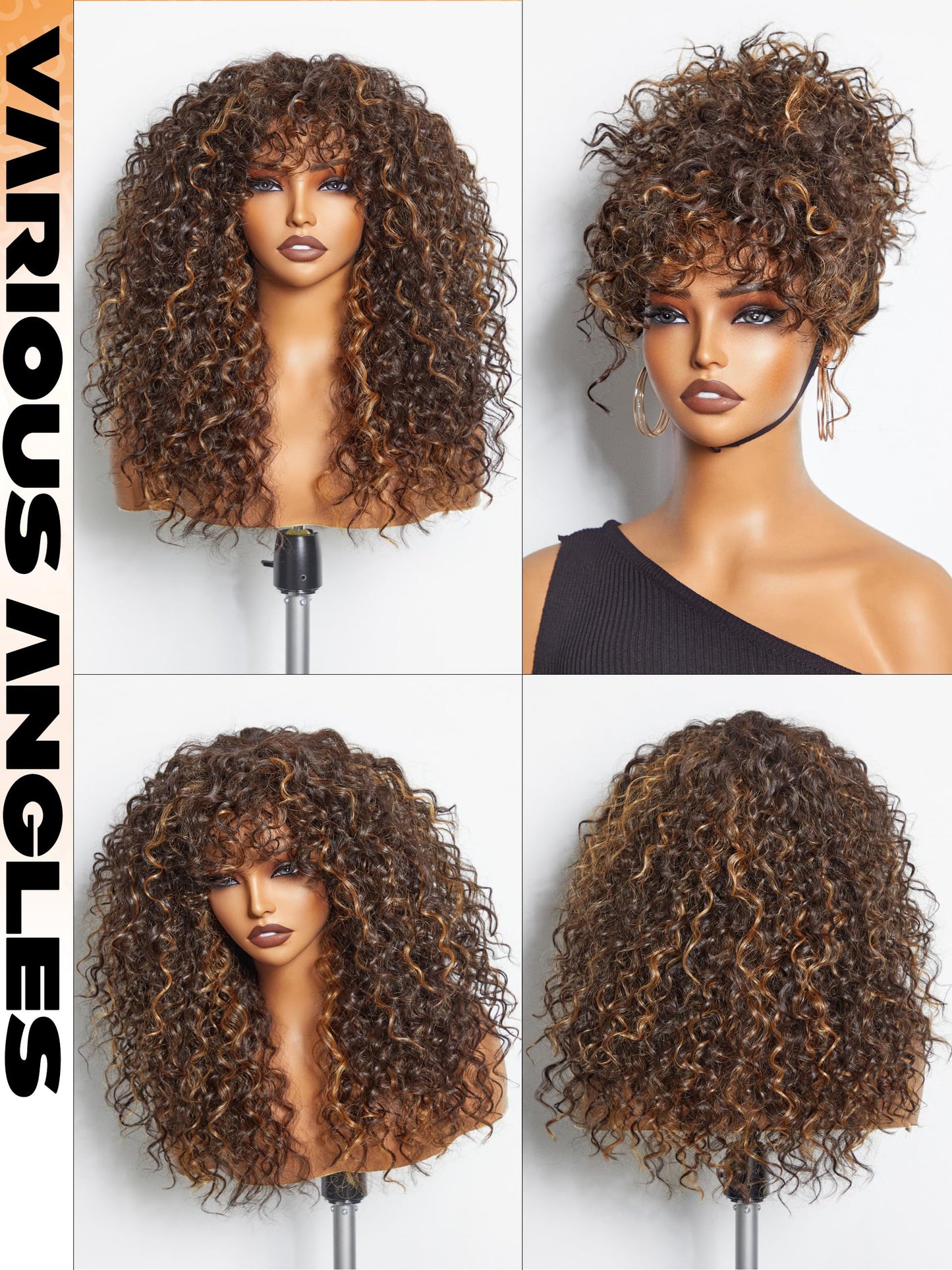 GORGIUS Highlight Brown Curly Wig with Bangs Glueless Synthetic Bang Wigs with Realistic Scalp Put On ang Go Beginner Friendly 20 Inch