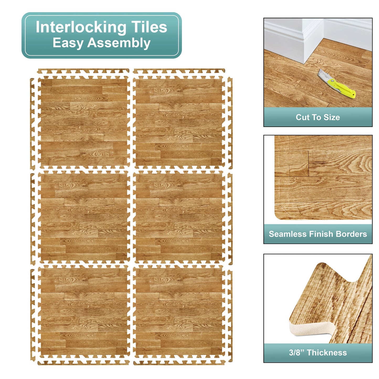 Sorbus 48Sq. Ft. Wood Grain Floor Tiles Foam Mat EVA Interlocking Mats Tile 3/8-Inch Thick Flooring Wood Puzzle Exercise Mats w/Borders - Home Playroom Basement, Apartment, Trade Show, Baby, Dance