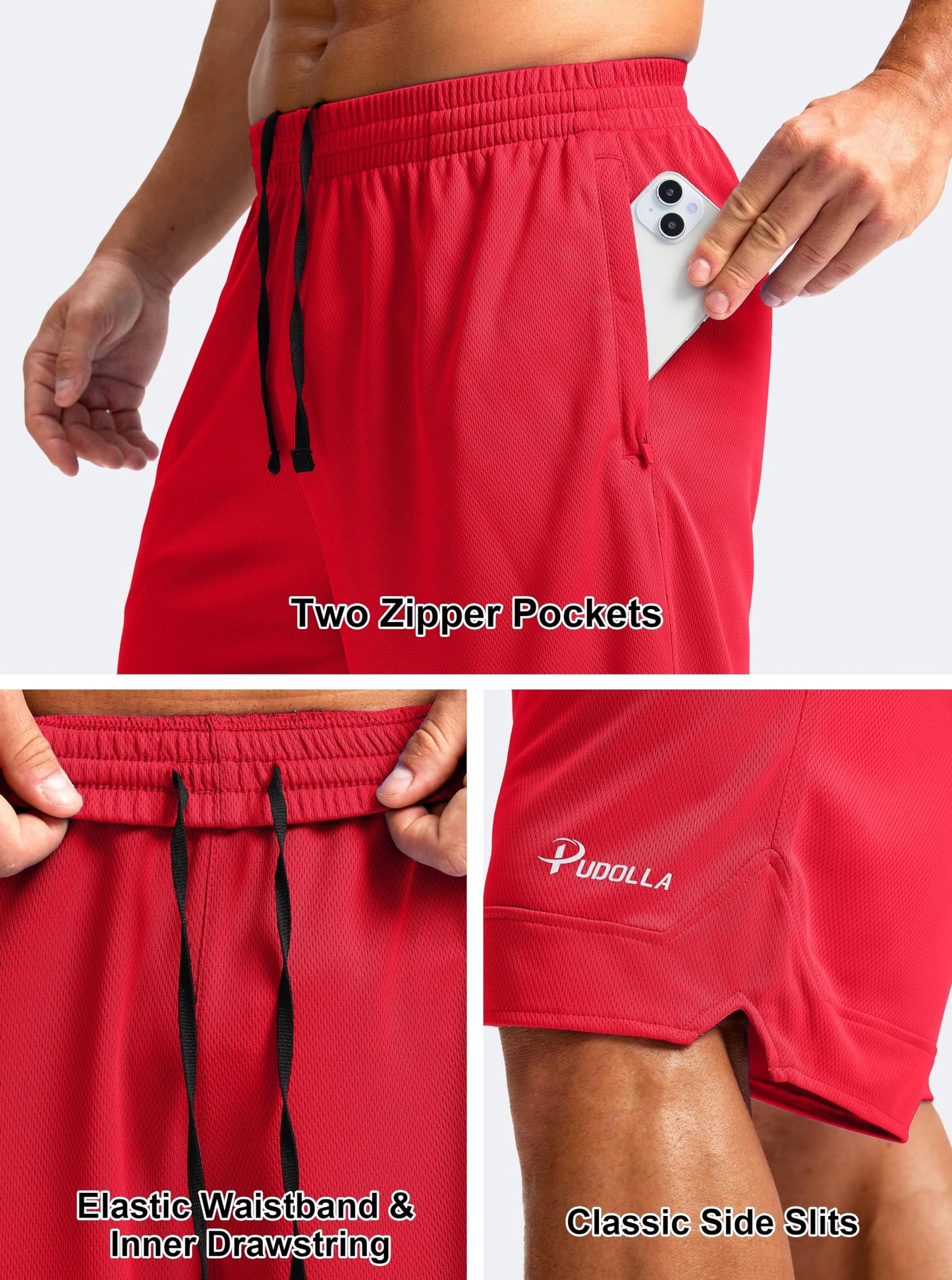 Pudolla Men's Basketball Shorts with Zipper Pockets 11" Long Gym Athletic Shorts for Men Lightweight Quick Dry(red large)